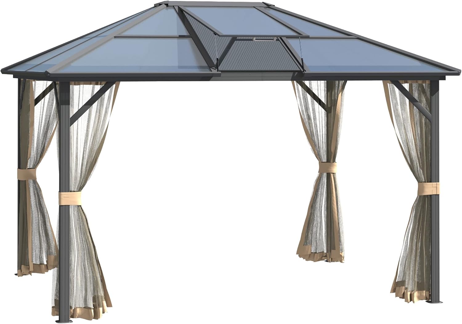 Hardtop Gazebo Waterproof 10'x12' with Polycarbonate Roof Pergola, Vent & Aluminum Frame, Permanent Outdoor Pavilion Canopy with Netting for Patio, Backyard, Deck,Pergolas and Gazebos,Gray