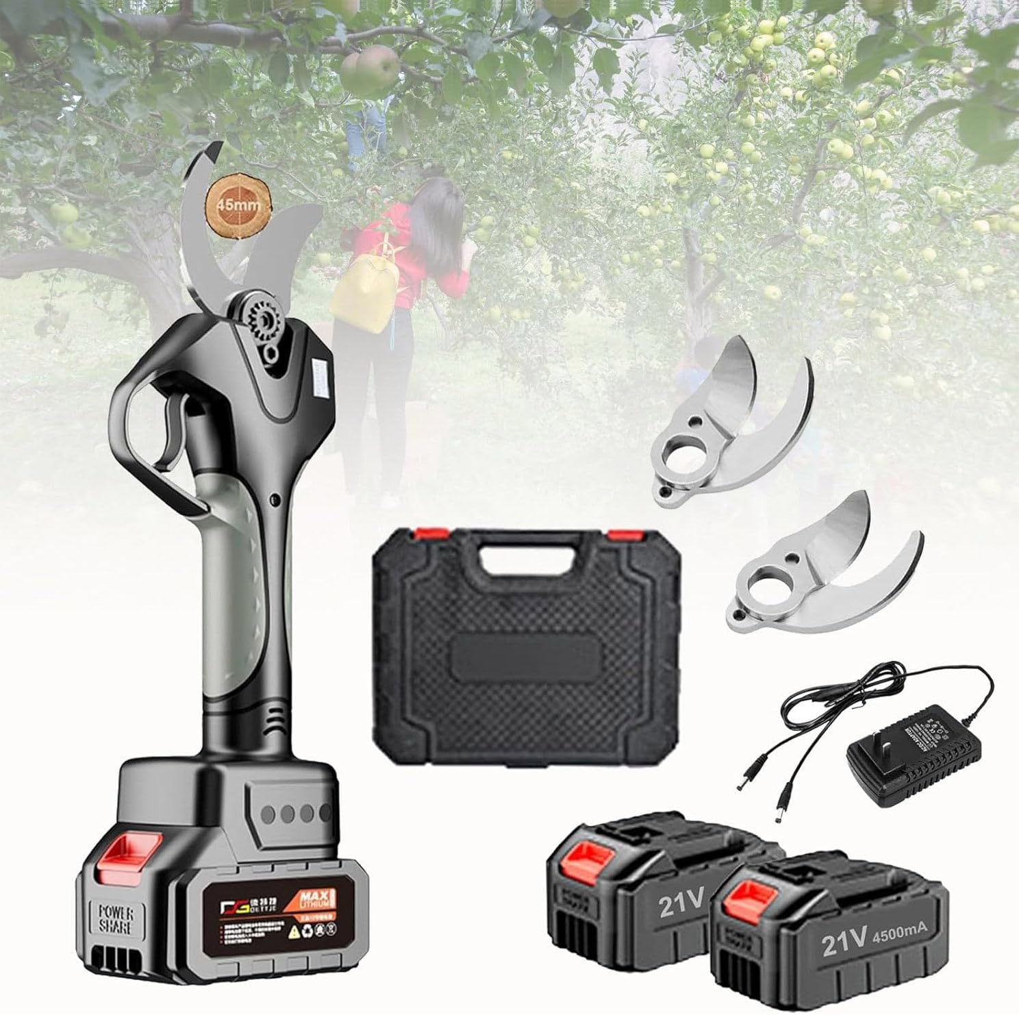 Electric Pruning Shears with 2.1m Telescopic Pole, 45mm/1.8inch Cut Electric Pruner Battery Powered, Cordless Pole Pruning Shears, for Gardens, Branches, Trees, Fruits,WithoutExtensionPole