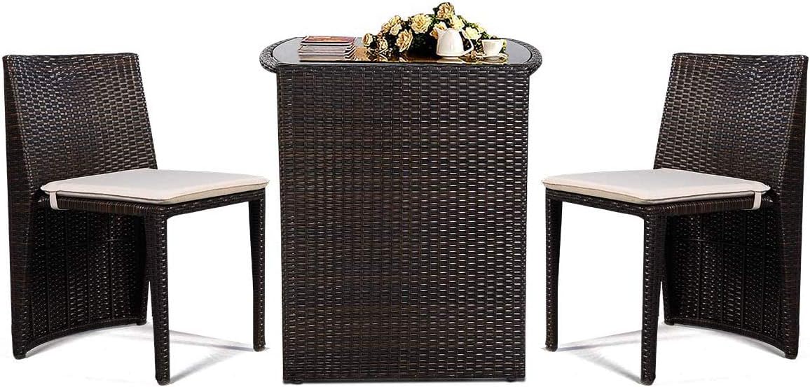 Goplus Wicker Bistro Set, 3 Piece Rattan Patio Furniture Set w/Tempered Glass Dining Table and Cushions, Conversation Bistro Sofa Set for Outdoor Patio Lawn Garden