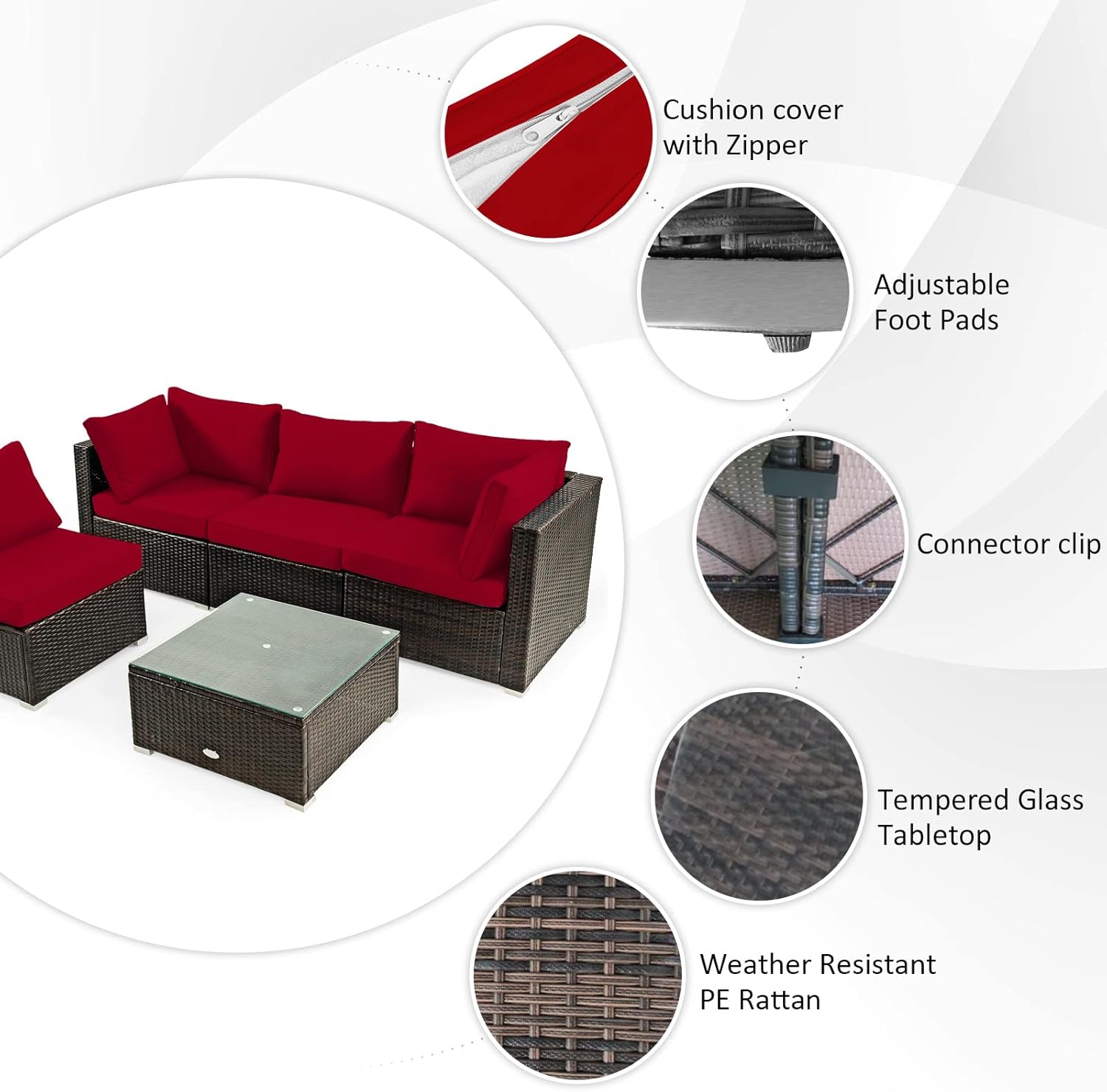 Tangkula 6 Piece Patio Wicker Conversation Set, Outdoor Rattan Sofa Set w/32” Propane Fire Pit Table, 50,000 BTU Heat, Tempered Glass Tabletop, Fire Pit Protective Cover Included (Red)