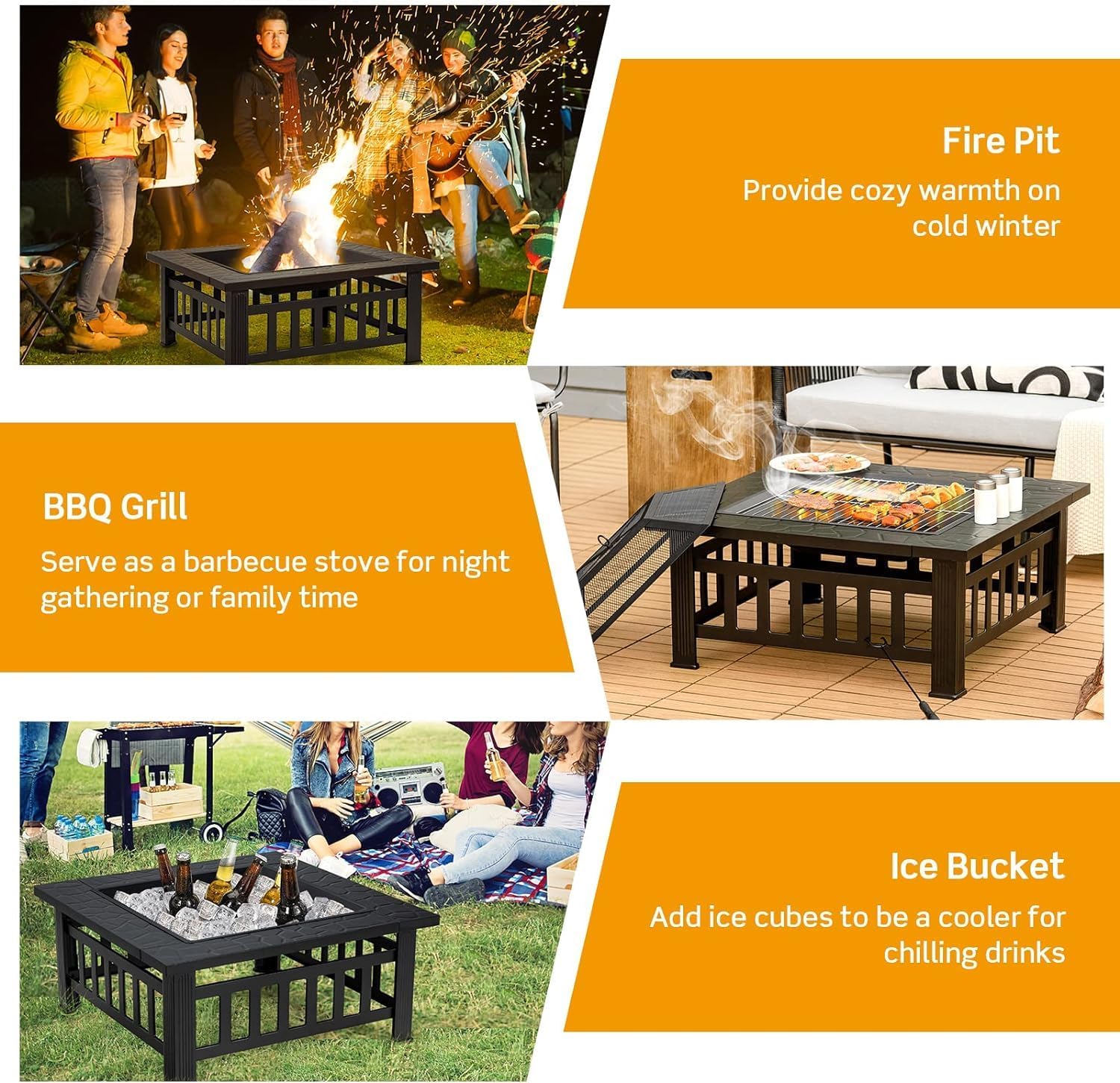 32 inch Outdoor Fire Pit, 3 in 1 Bonfire Wood Burning Fire Pit Table with Spark Screen, BBQ Grill, Poker, Rain Cover, Log Grate, Metal Bonfire Stove Firepit for Outside Backyard Patio