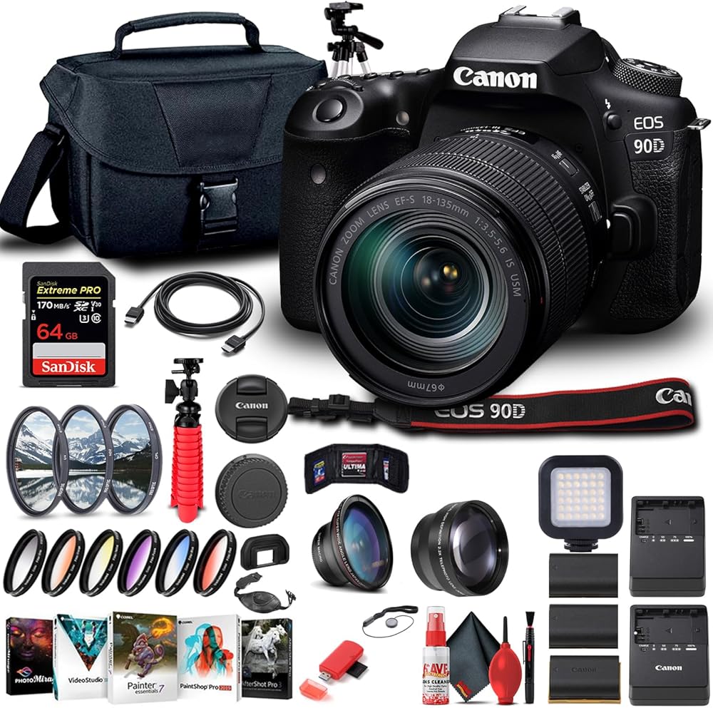 Canon EOS 90D DSLR Camera with 18-135mm Lens (3616C016), 64GB Memory Card, Case, Corel Photo Software, 2 x LPE6 Battery, Charger, Card Reader, LED Light, Filter Kit + More (Renewed) Black