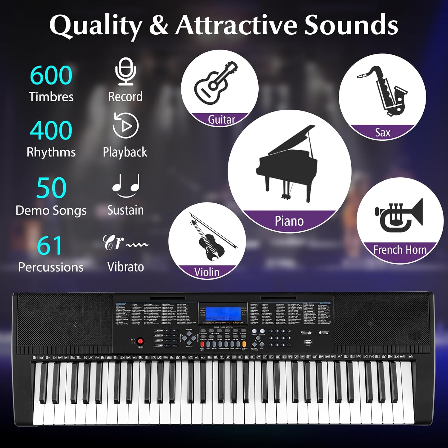 61 Key Digital Piano Keyboard, Electric Piano with Stand, Built-In Speakers, Portable Keyboard for Beginners, Adults