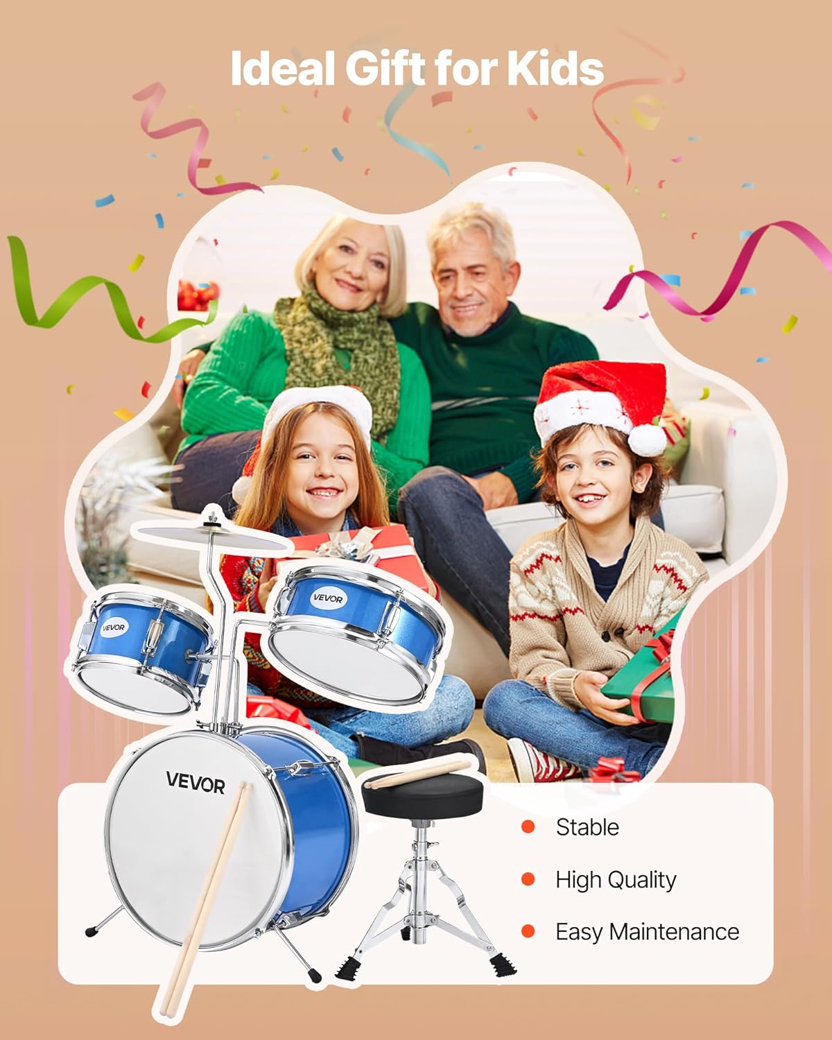 VEVOR Kids Drum Set, 3-Piece 14 in Junior Drum Sets, Beginner Drums Set with Adjustable Throne, Cymbal & 4pcs Drumsticks, Musical Learning Drums Instruments Kit, for Children Ages 6-13, Sky Blue