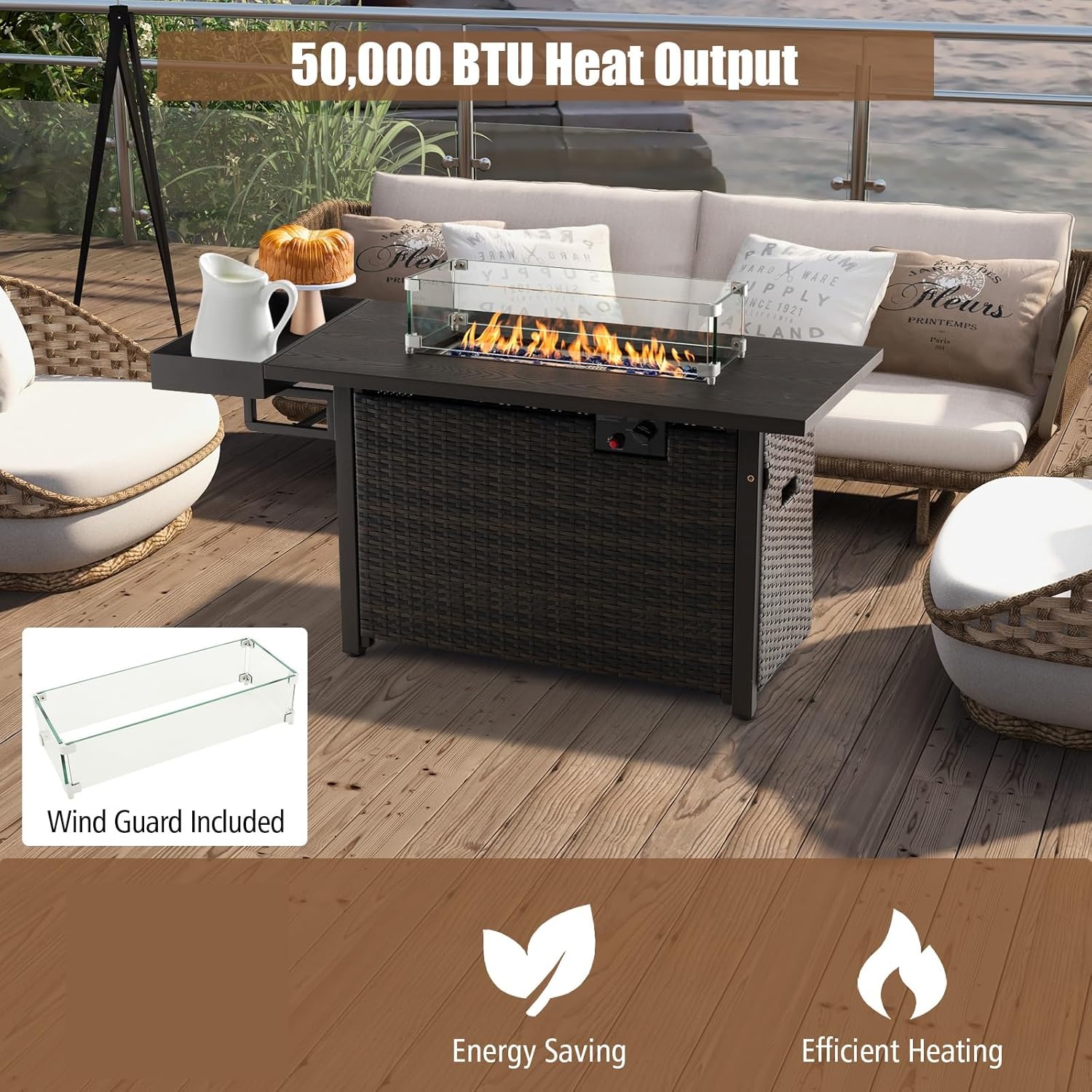 Tangkula Patio Propane Fire Pit Table, 52 Inch Wicker Gas Fire Pit with Wind Guard & Extended Shelf, 50,000 BTU Heat Output, Rectangular Fire Table with Blue Fire Stone & Waterproof Cover (Brown)