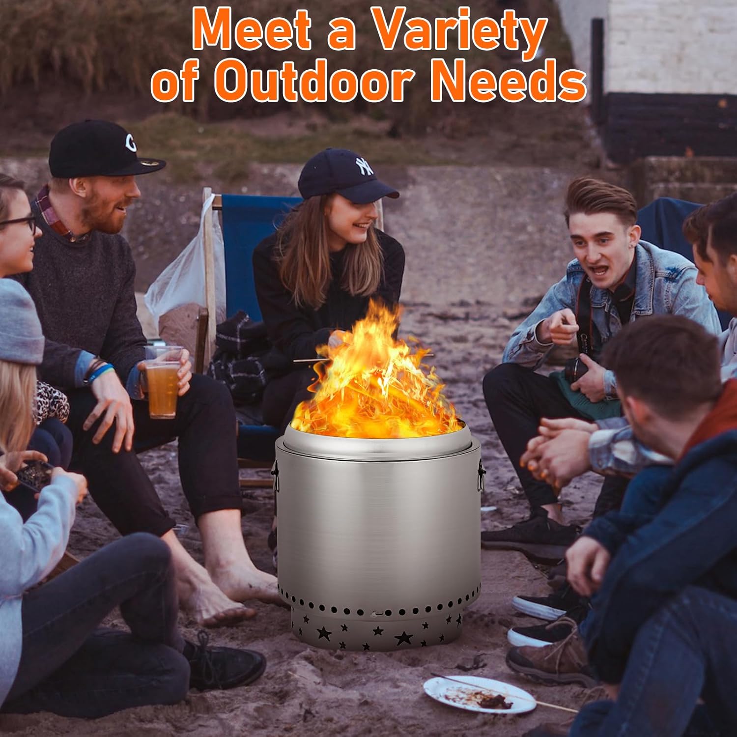 GarveeLife 16.5 in Protable Smokeless Fire Pit, Fire Pit with Handles Design, Stainless Steel Stove Wood Burning, Removable Ash Pan, Ideal for Camping, Garden