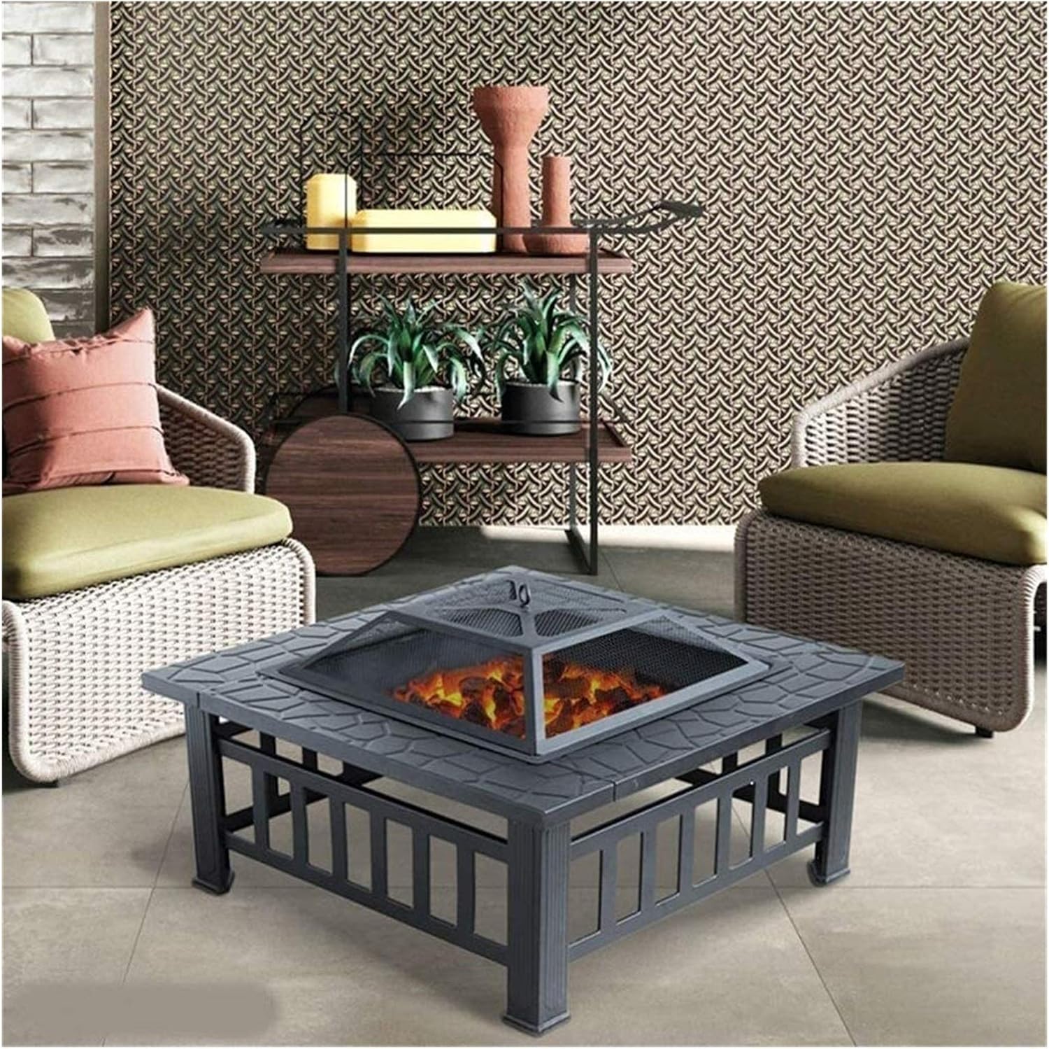 Fire Pits Outdoor Wood Burning Outdoor Fire Pits Heavy Duty Metal Square Patio d Firepit Table with Spark Screen Cover Log Grate and Poker with Cover BBQ Cooking for Outside Camping