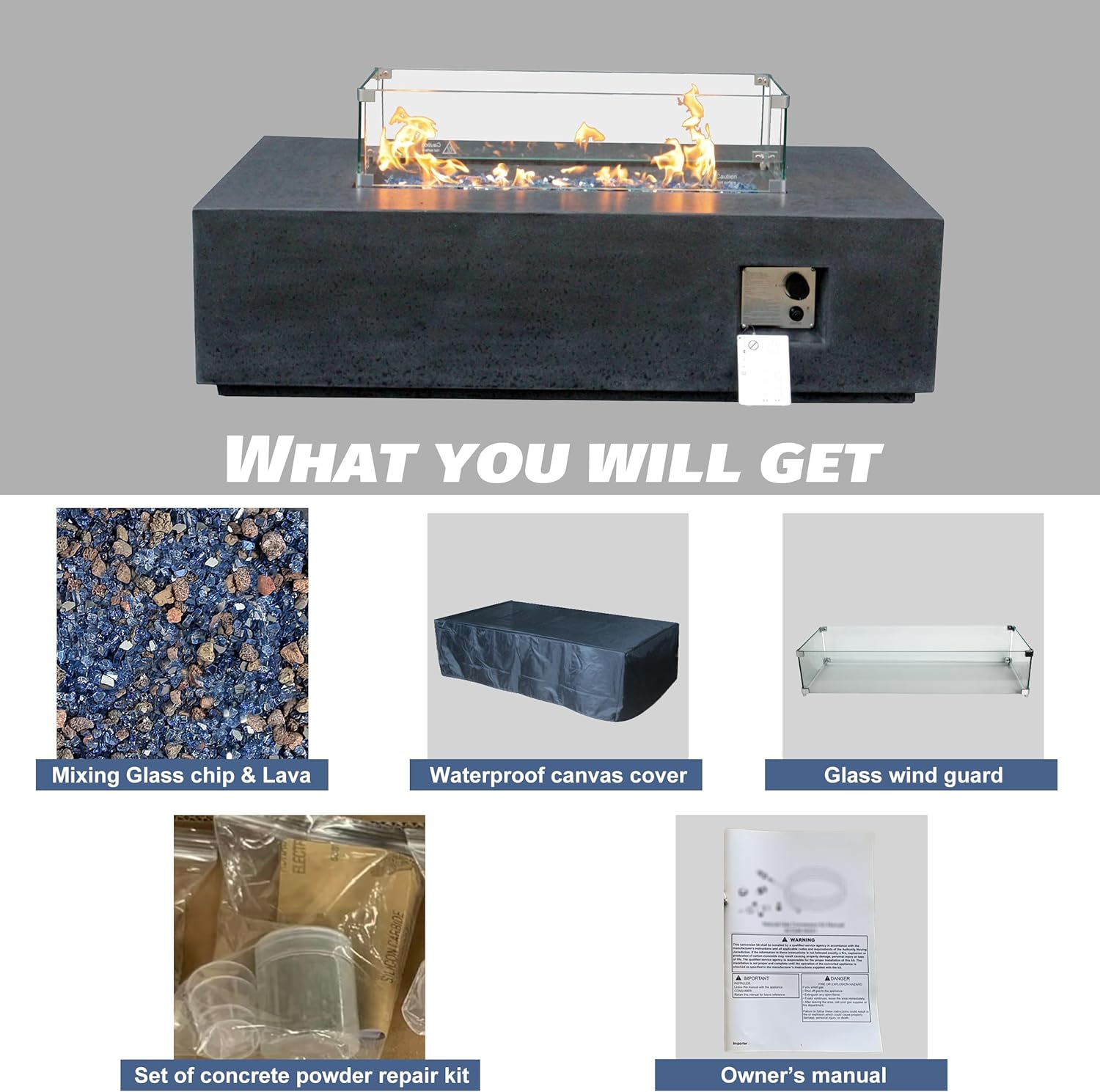 52 Inch Outdoor Concrete Propane Gas Rectangle Fire Pit Table - Dark Gray