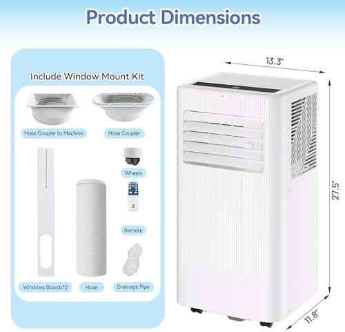 IDEALHOUSE Portable Air Conditioner with Cooling, Dehumidifier and Fan Functions, 10000 BTU Standing Cooling, Cools Up to 560 Sq. Ft., Remote Control, LED Display and Window Venting Kit Included