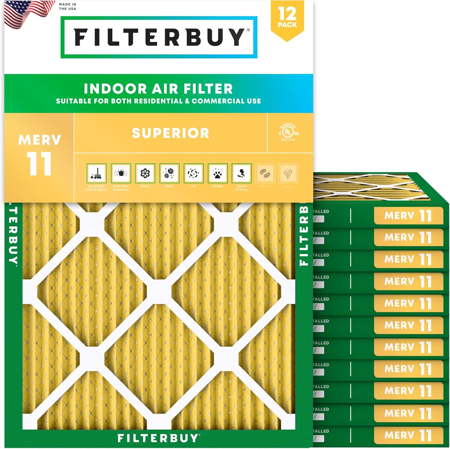 Filterbuy 20.5x22.5x1 Air Filter MERV 11 Superior Pet & Allergy Defense (12-Pack), Electrostatic Pleated HVAC AC Furnace Filters Replacement, Made in USA (Actual Size: 20.50 x 22.50 x 0.75)