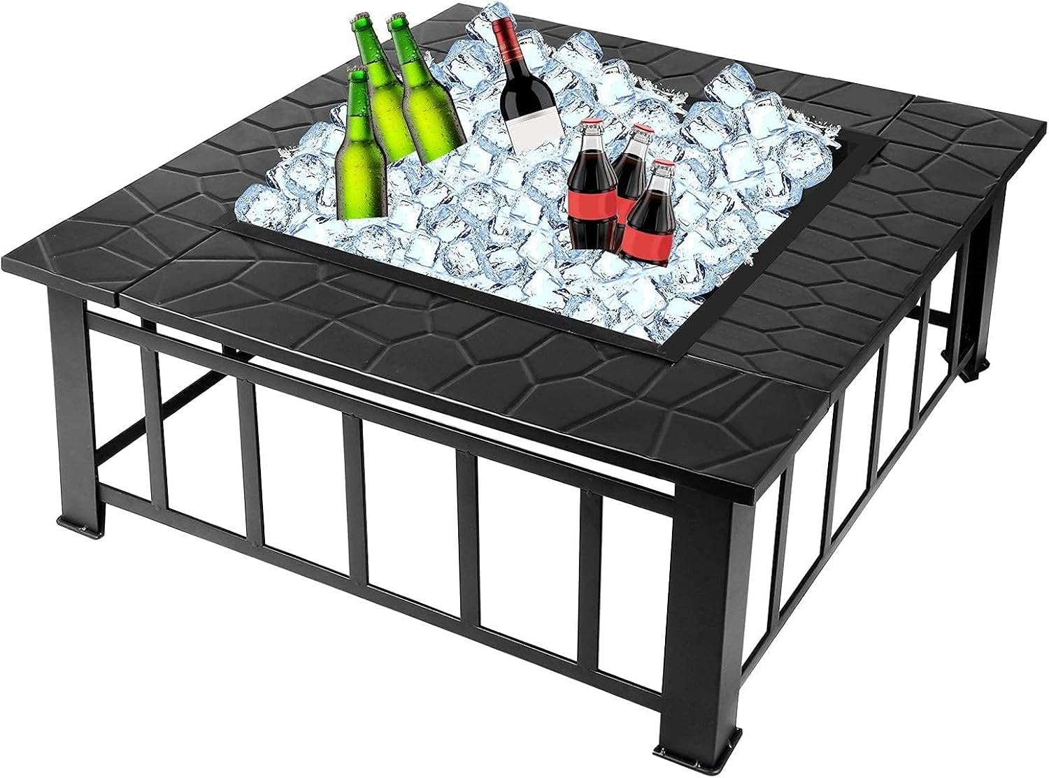 Outdoor Fire Pits for Garden with Uprights Rotisserie,Square Firebowls with Grill,3 in 1 Fire Pit Table/Heaters/Ice Pit for Patio Camping Bonfire,with Mesh Cover Grill Charcoal Nets Poker