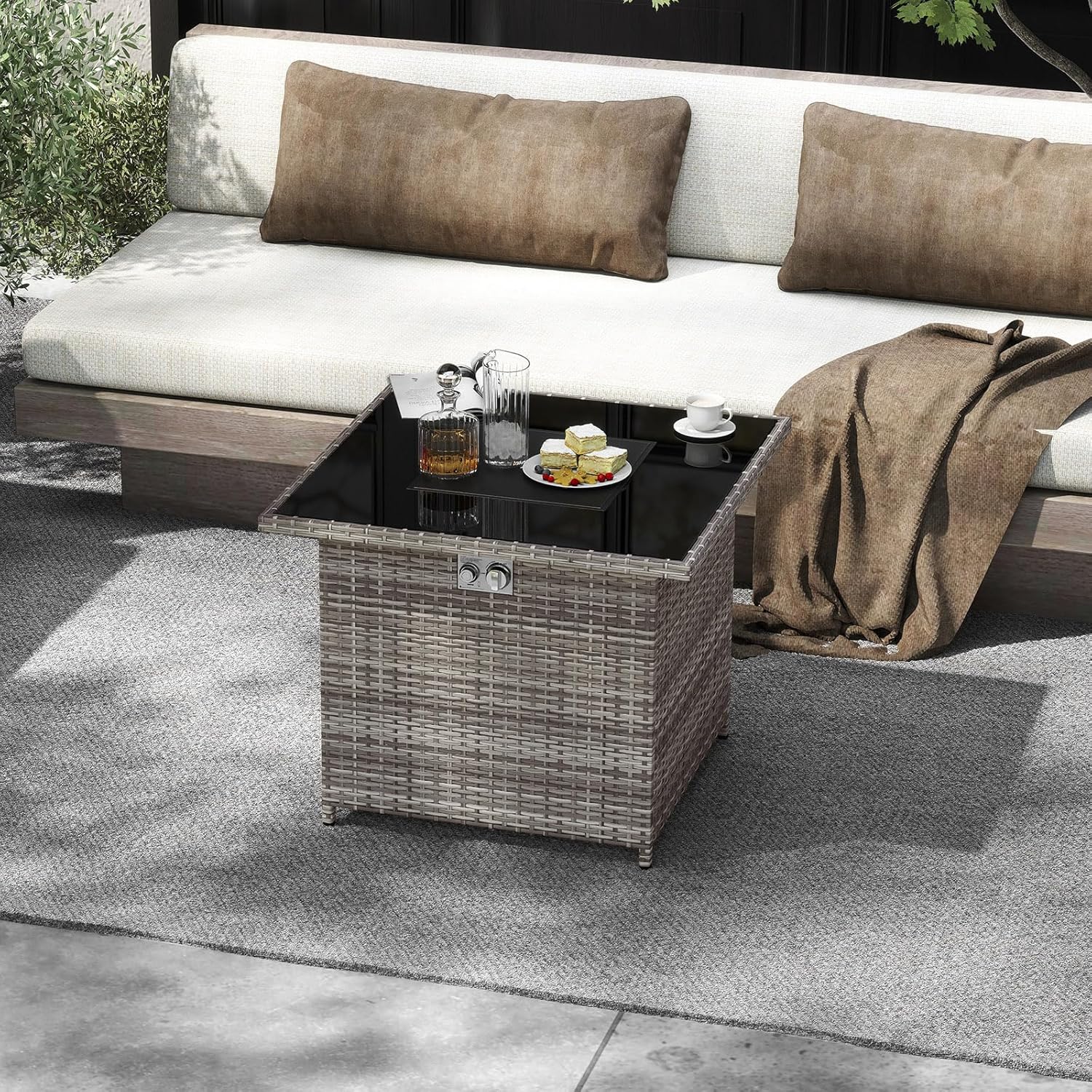 Tangkula 32.5 Inch Propane Fire Pit Table, Outdoor Rattan Gas Firepit with Tempered Glass Tabletop & Stainless Steel Burner, Square Fire Pit with Lava Rocks & Protective Cover for Outside Patio