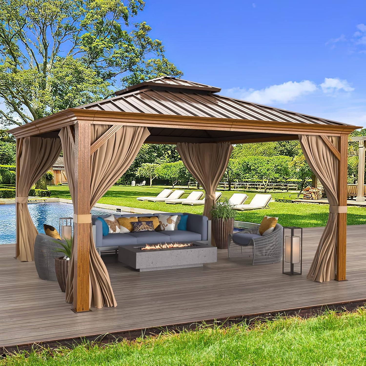 MELLCOM 12'x12' Hardtop Gazebo, Wooden Finish Coated Aluminum Frame Canopy with Galvanized Steel Roof, Outdoor Metal Gazebos with Curtains and Nettings for Patio, Backyard, Deck and Lawns