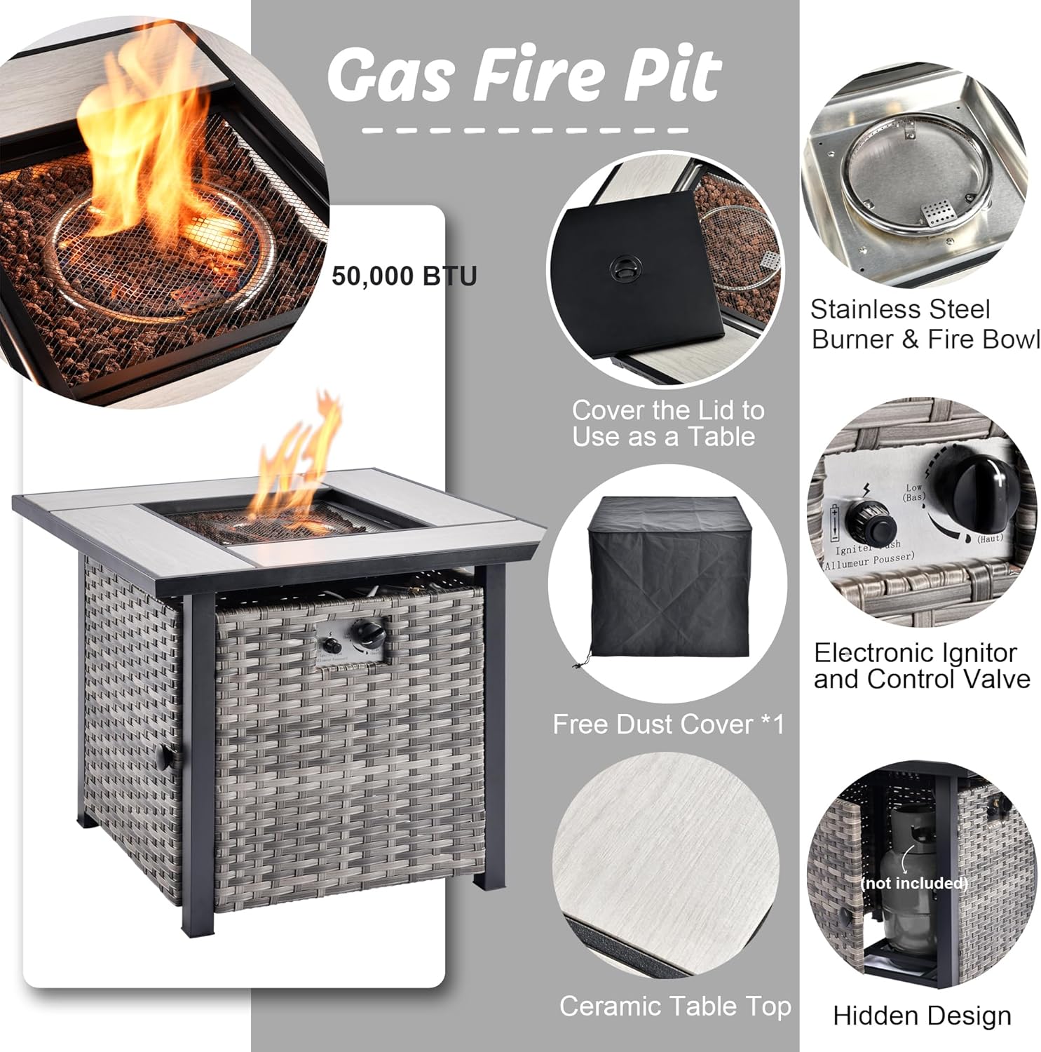 HOOOWOOO Patio Outdoor Furniture with Fire Pit Table,High Back 6 Piece Wicker Patio Conversation Set with Swivel Chairs,7 Person Couch Sofa Seating,Denim Blue