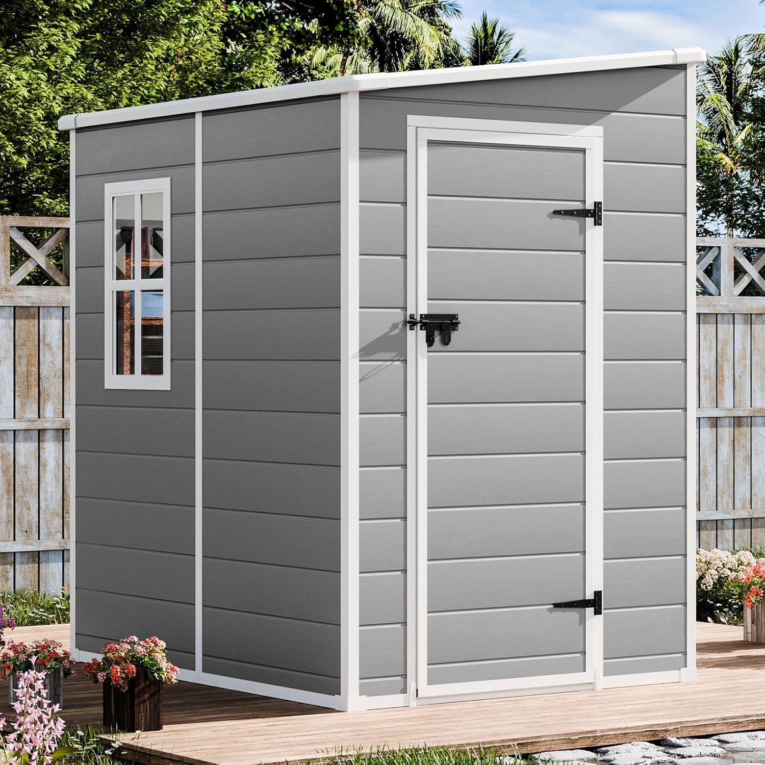 Resin Outdoor Storage Shed 5x4 FT with Floor Waterproof Plastic Sheds Kit Window Lockable Door Included, Outside Small Garden Tools Sheds for Backyard Patio