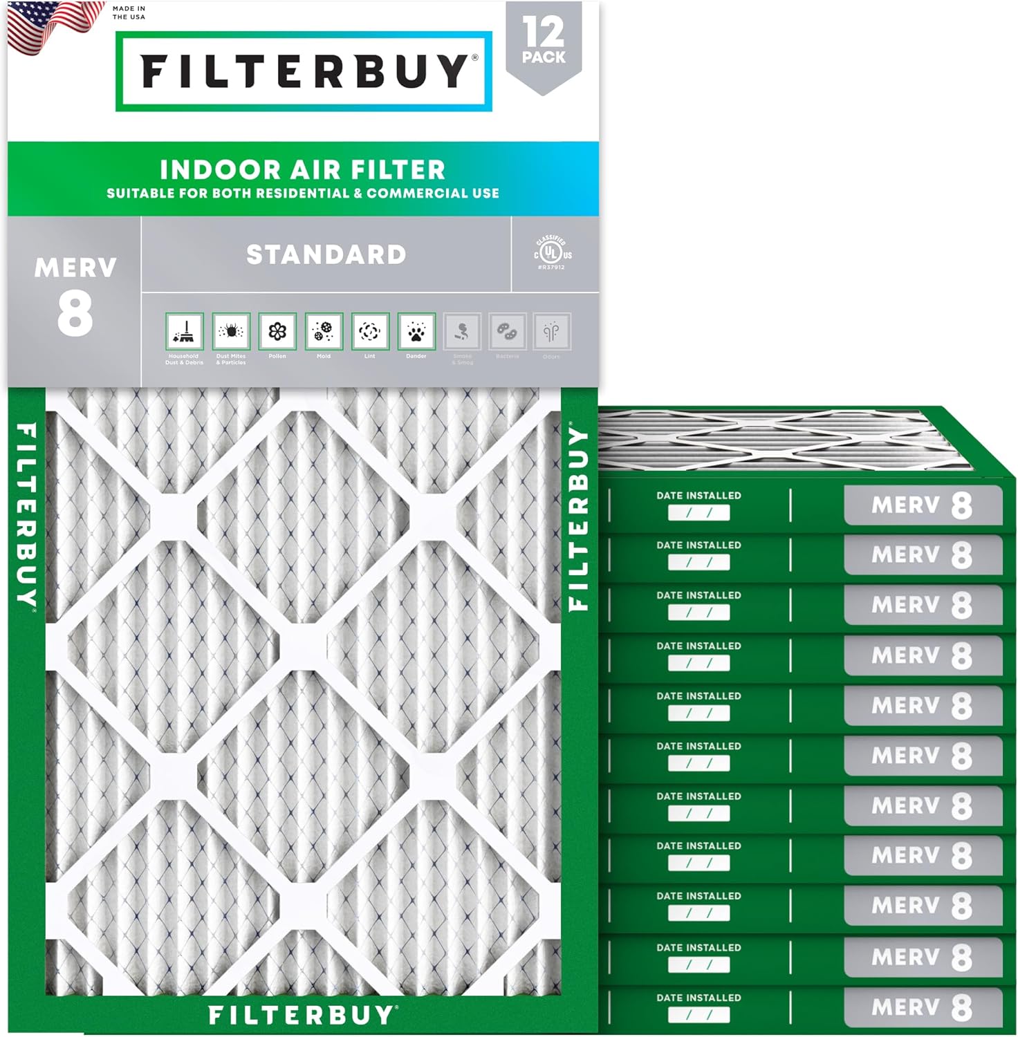 Filterbuy 18x28x1 Air Filter MERV 8 Essential Dust & Allergy Defense (12-Pack), Electrostatic Pleated HVAC AC Furnace Filters Replacement, Made in USA (Actual Size: 18.00 x 28.00 x 0.75)