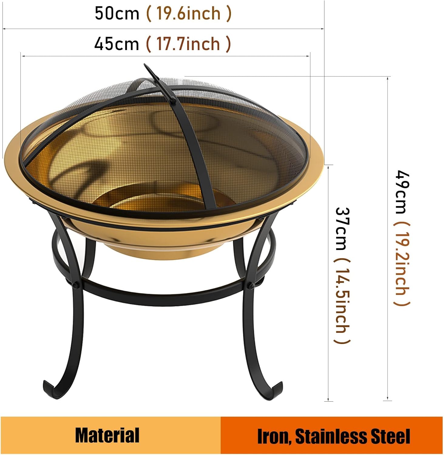 LXLZYXSF Outside Inside Round Fire Pit, Wood Burning Fire Basin Bowl for Patio Backyard Garden Deck Porch Camping Living Room, Metal (Color : Light Coffee, Size : 50cm/19.6inch Wide)