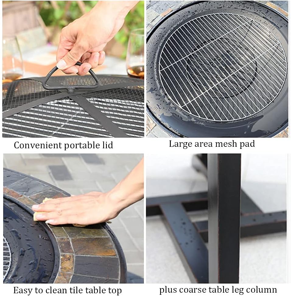 Outdoor Charcoal cast Iron Marble Round fire Pit Table Full Set of Tables and Chairs one Table Dual Purpose Multifunctional Easy-to-Clean Barbecue Stove
