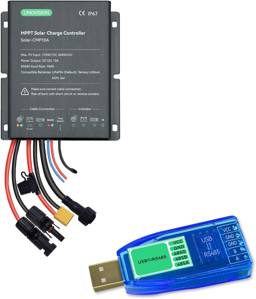 MPPT 12V/24V 10A Solar Charge Controller with Industrial USB to RS485 Converter