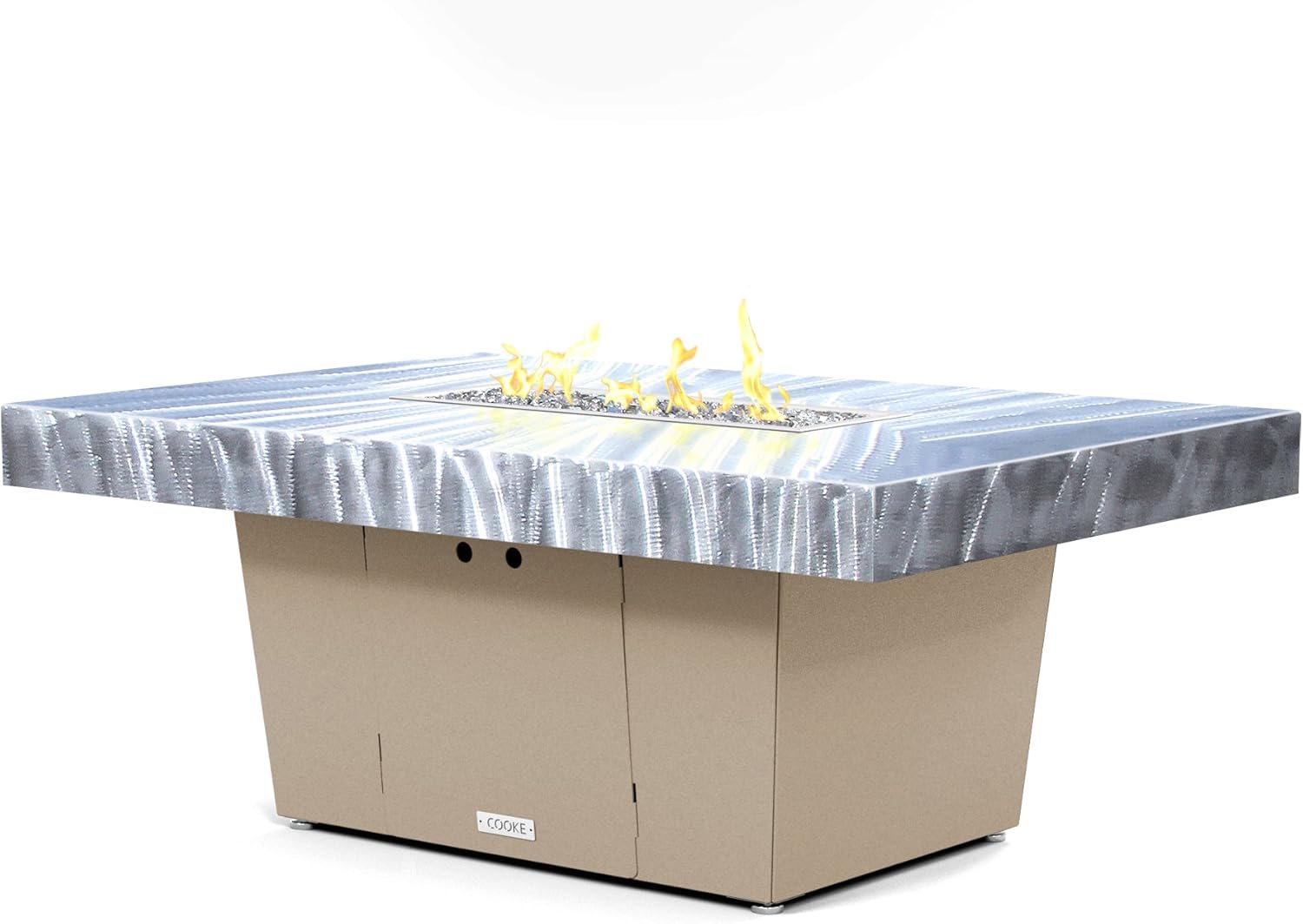 COOKE Palisades Rectangular Fire Pit Table - 52x36 - Chat Height - Natural Gas - Brushed Aluminum Powdercoat Top with 6cm Edge - Beige Powdercoat Base