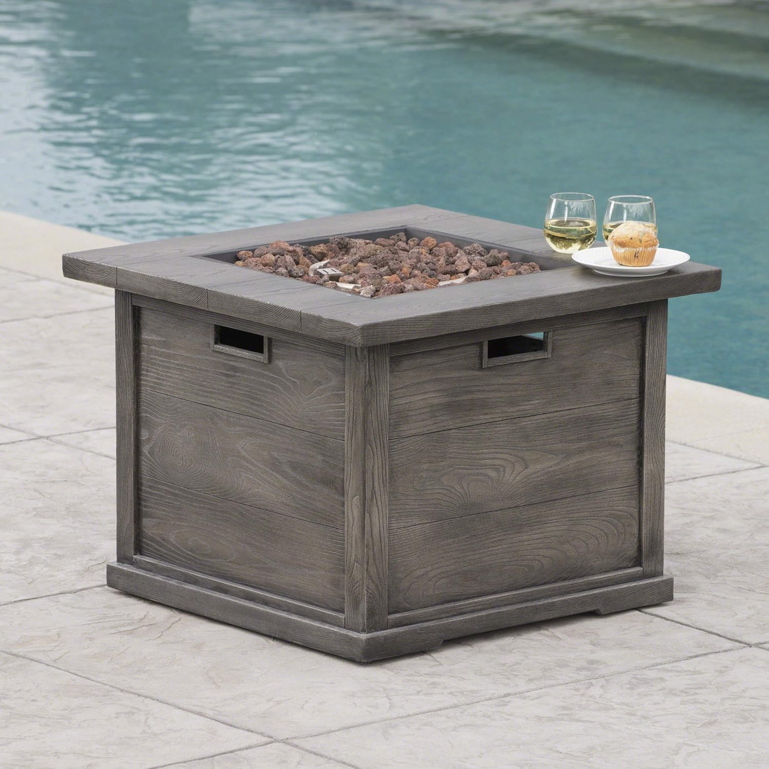 Christopher Knight Home Ellington Outdoor Square Gas Fire Pit, Grey With Wood Pattern