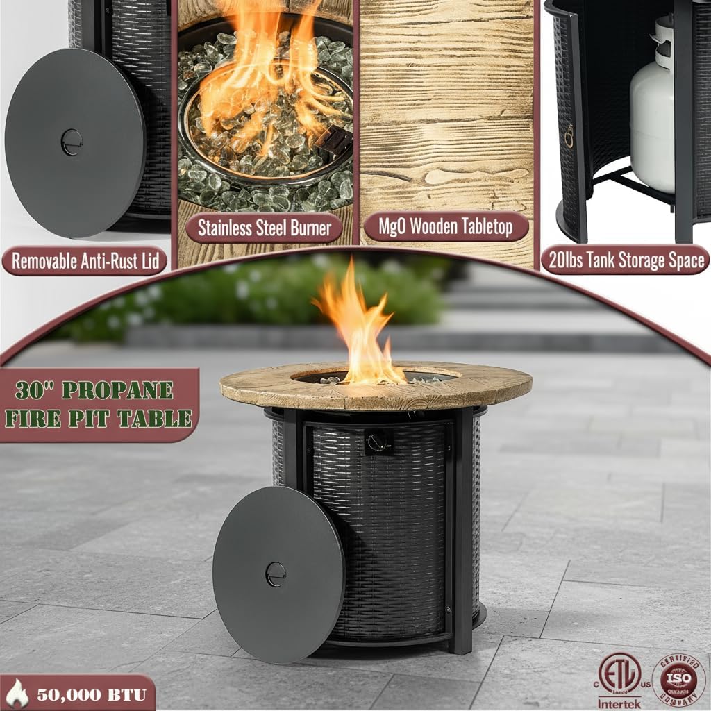 30-Inch Round Propane Fire Pit Table, 50,000 BTU Outdoor Gas Fire Table with Wood Grain Top, Black Steel Base, Hidden Tank Storage, Glass Beads for Patio Deck Backyard