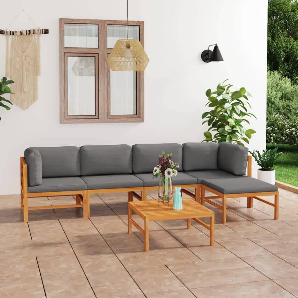 6 Piece Patio Lounge Set with Gray Cushions Solid Teak Wood,Ultimate Outdoor Relaxation: Teak Patio Lounge Set with Plush Cushions and Footrest Patio Furniture, Outdoor Furniture Sets