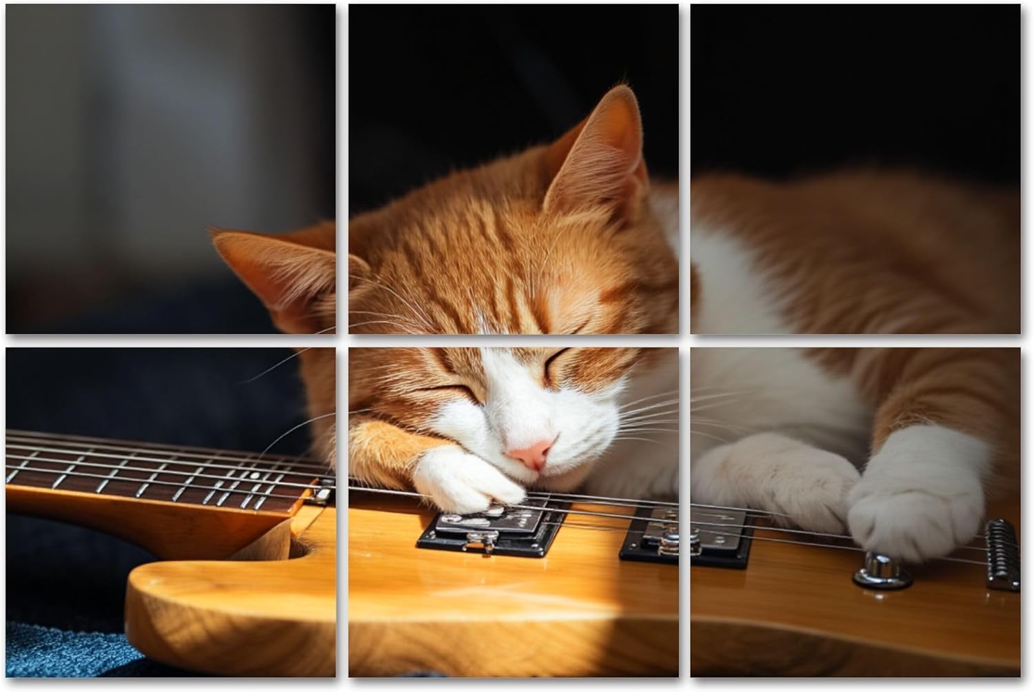 6 Panels Art Acoustic Panels Cute ginger cat lying cushion next to beautiful wooden bass guitar Soundproof Wall Panels Padding Decorative Sound Absorbing Panel 72