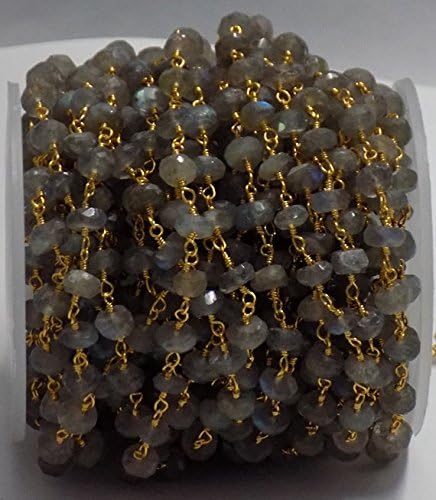 3 Feet Natural Labradorite Beaded Chain - Gold Plated Wire Wrapped Chain - Faceted Rosary Beaded Chain - Beads Measure 5-6mm