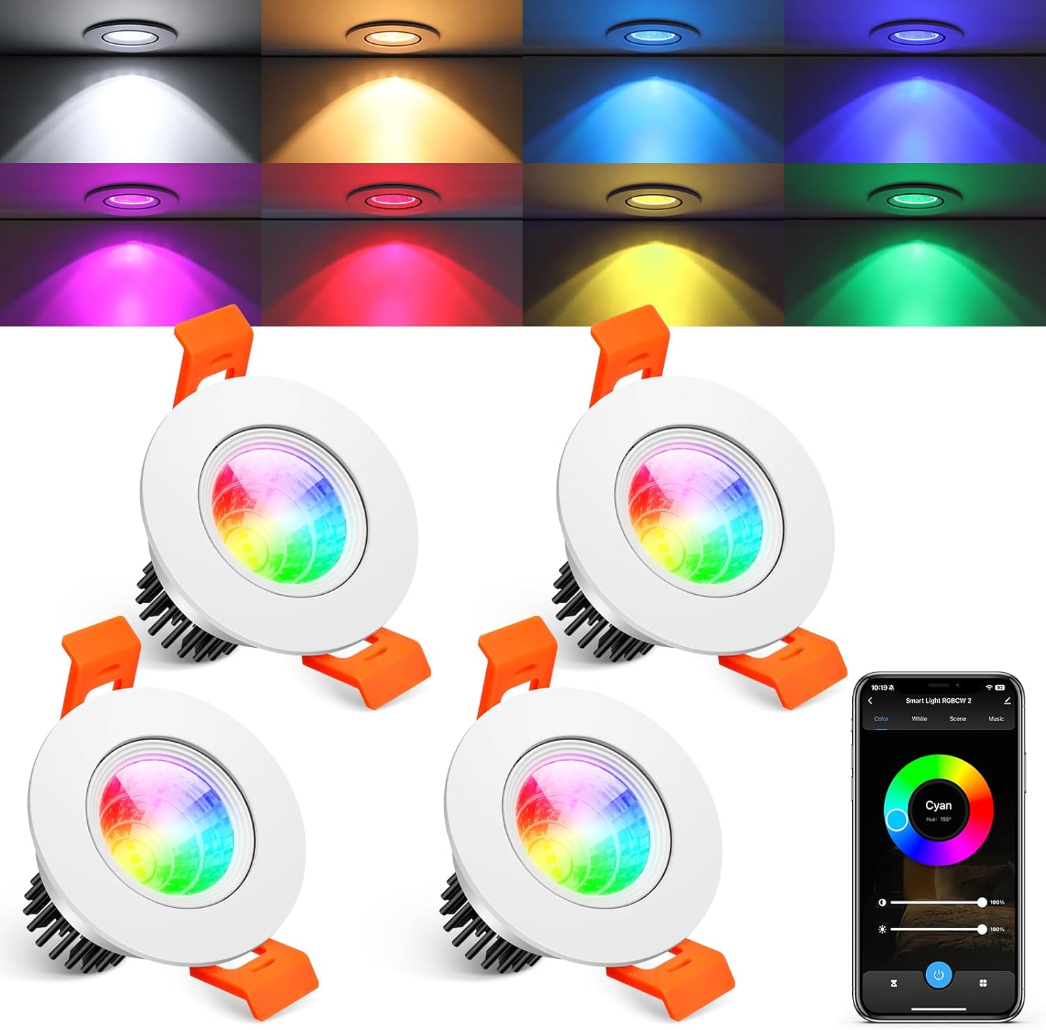 2 Inch Smart Recessed Lighting, 5W RGB WiFi LED Downlight, Dimmable RGB Color Changing & CCT 2700K–6500K, Compatible with Alexa & Google Home, 120V Round Recessed Ceiling Light with Driver (4 Pack)