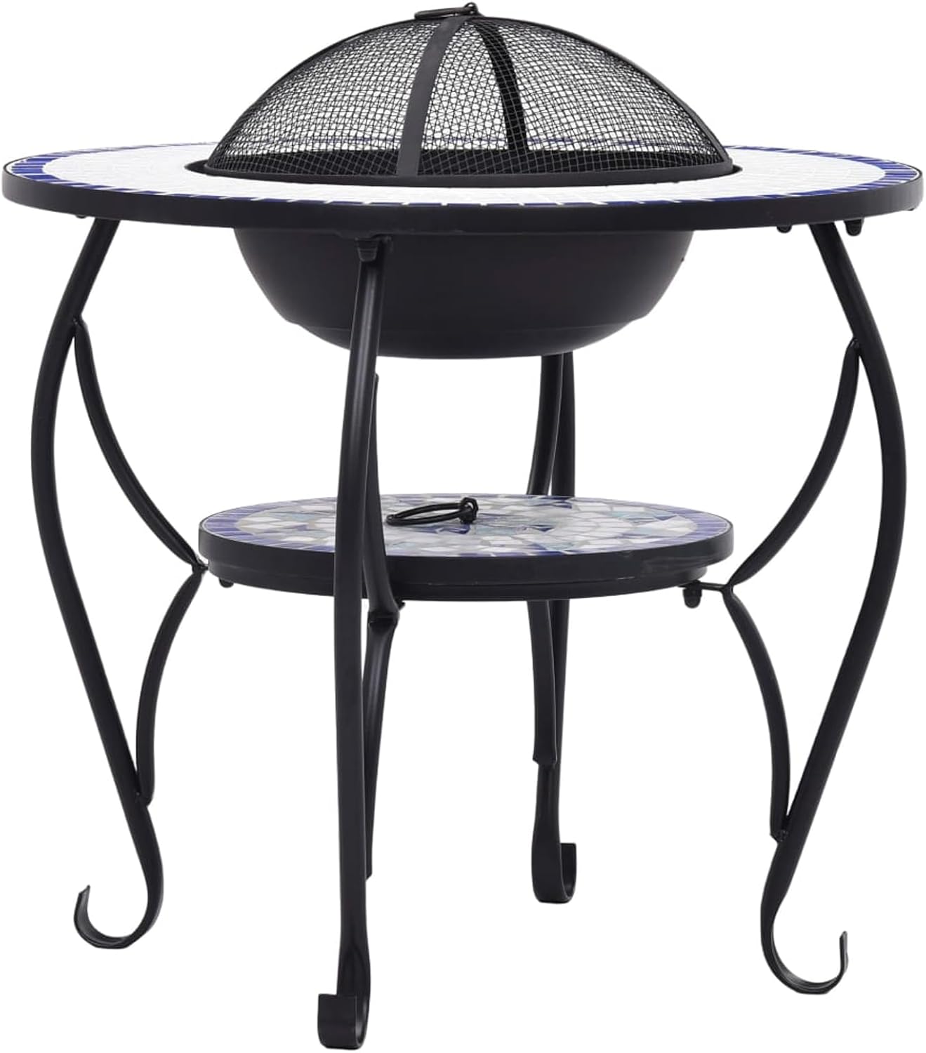 Blue and White Steel Fire Pit Table with Ceramic Surface - Garden & Patio Decor, Heat Absorbing, Safe Mesh, Multi-Use BBQ Model LYKLYD-46724US
