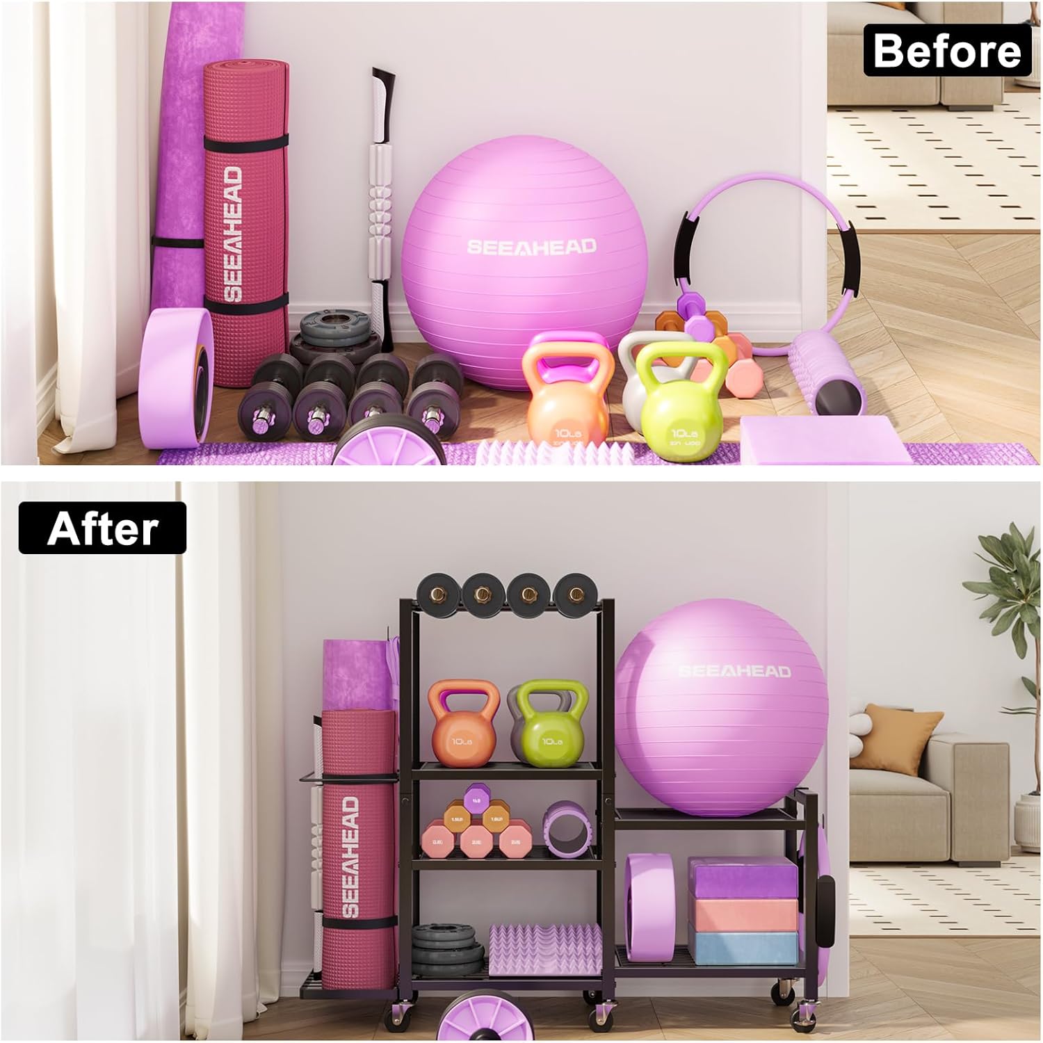 6-Tier Home Gym Storage Rack with Wheels, Dumbbell Weight Rack and Yoga Mat Organizer, Multi-Purpose Gym Equipment Storage Stand for Home Gym Accessories