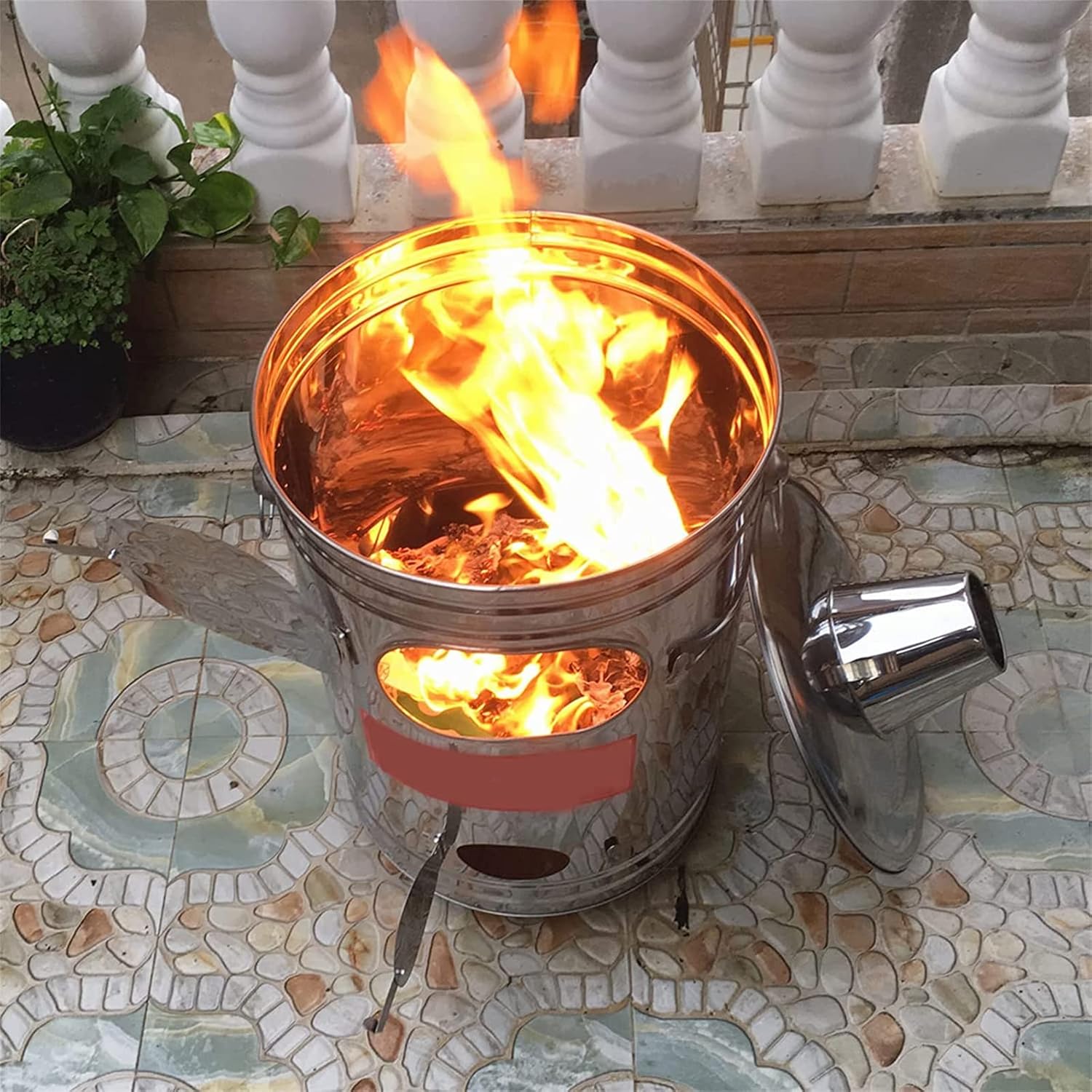Burn Barrel Incinerator with Exhaust Pipe Stainless Steel Backyard Burn Barrel, Portable Bonfire Pit Outdoor Wood Burning Firepit, for Outside Patio Camping ,61*46*34CM/24.01*18.11*13.38in