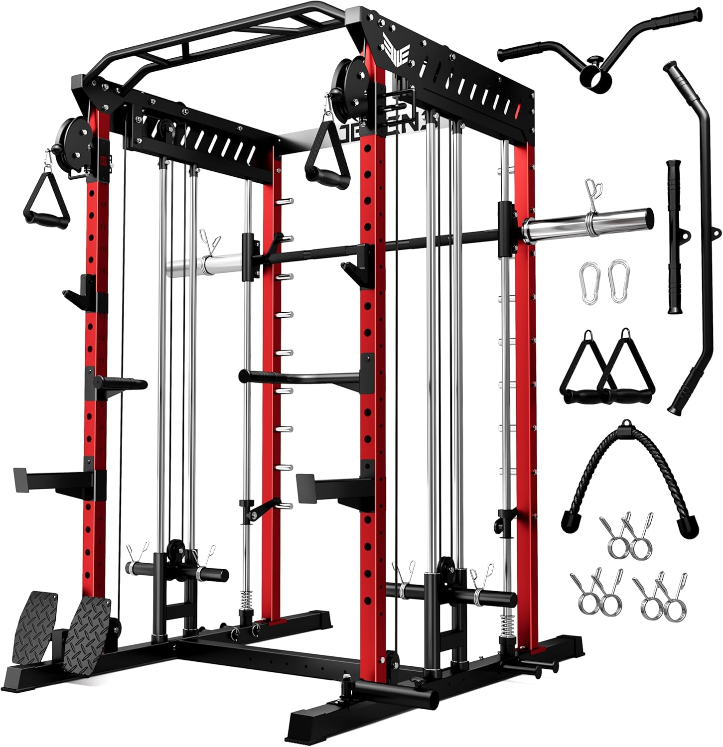 M21 Smith Machine, Multi-Function Power Cage with Dual Pulley Cable Crossover System, 2000LBS All-in-One Squat Rack with Smith Bar and Attachments for Home Gym Strength Training