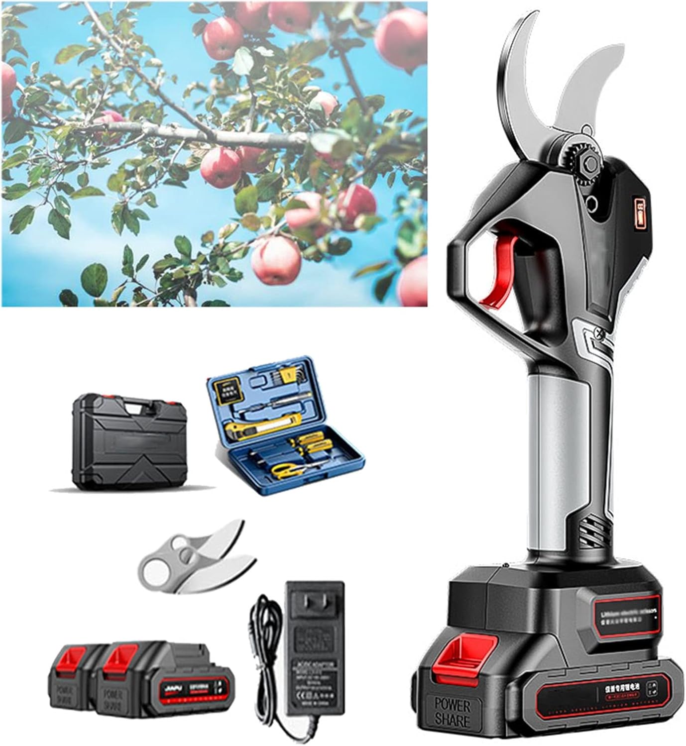 Professional Cordless Electric Pruning Shears, Rechargeable Tree Branch Trimmer, LCD Display, Electric Scissors Branch Cutter for Orchard Garden Farm, Battery X 2