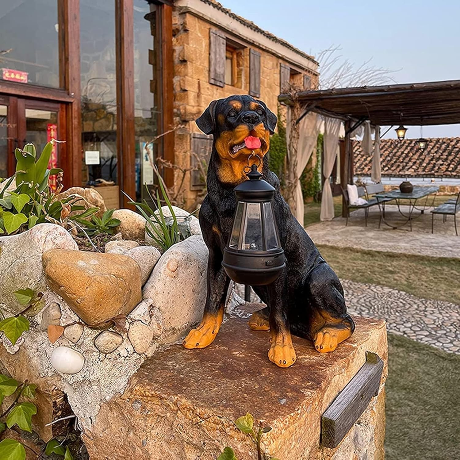 Rottweiler Outdoor Statue with Solar Lights - Realistic Dog Figurine Decor for Home Garden, Windproof Lamp and Solar Lantern - Dog Garden Statues