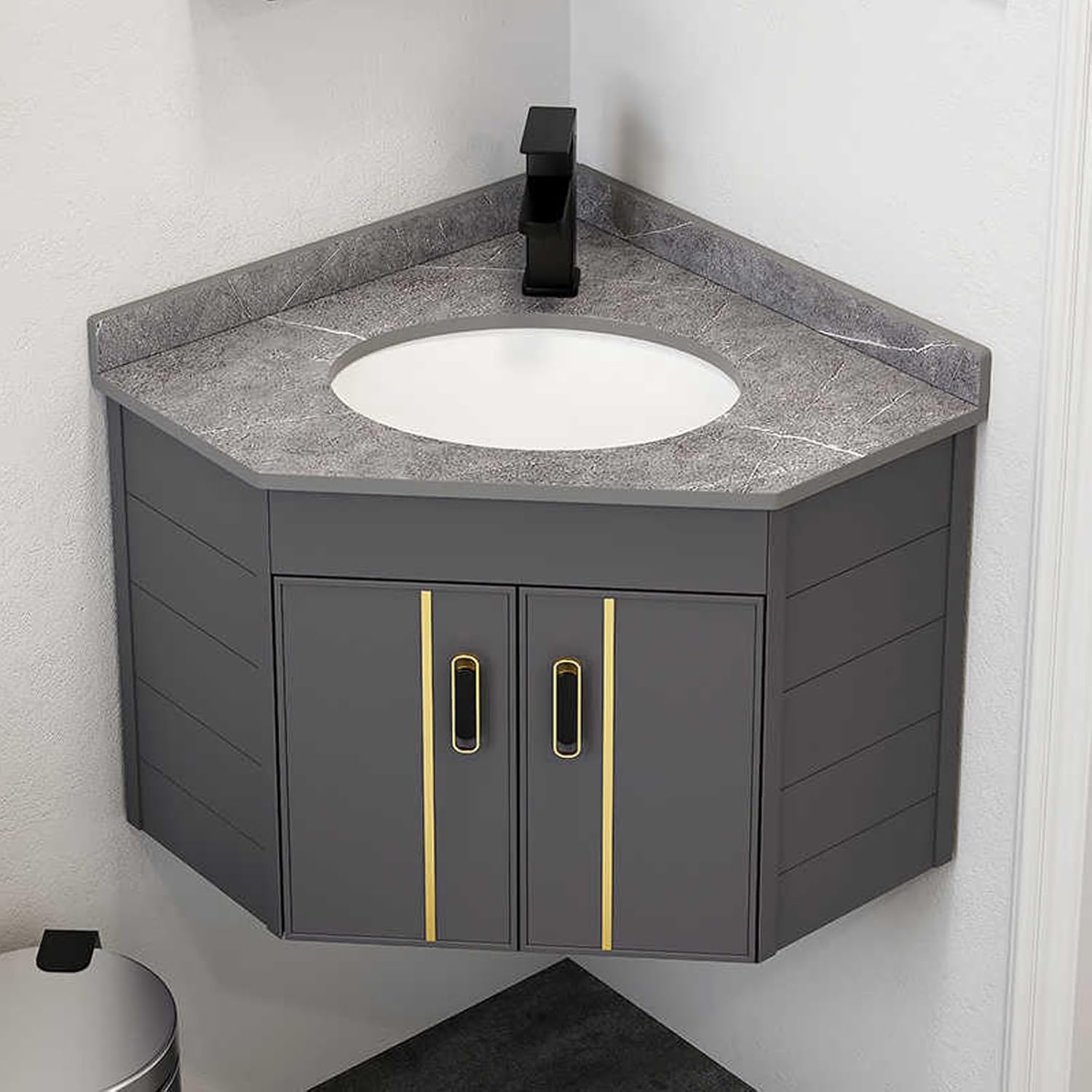 Corner Bathroom Vanity Sink Combo, Wall Mounted Utility Washing Hand Basin Design, Ceramic Sink, Small Wall Mount Corner Sink, Hot & Cold Faucet Combo, Storage,