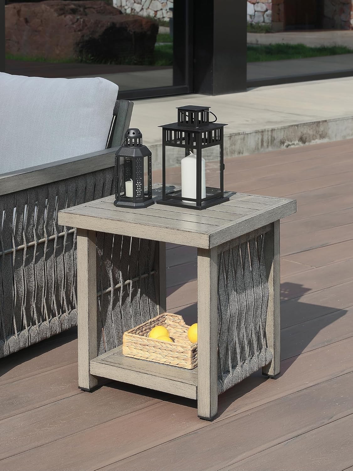 Outdoor Side Table, Aluminum Square Patio Side Table, 2-Tier Rope Weave Outdoor End Table with Adjustable Legs, Outside Furniture Patio Table for Garden, Pool, Balcony, Decks, Gray Oak