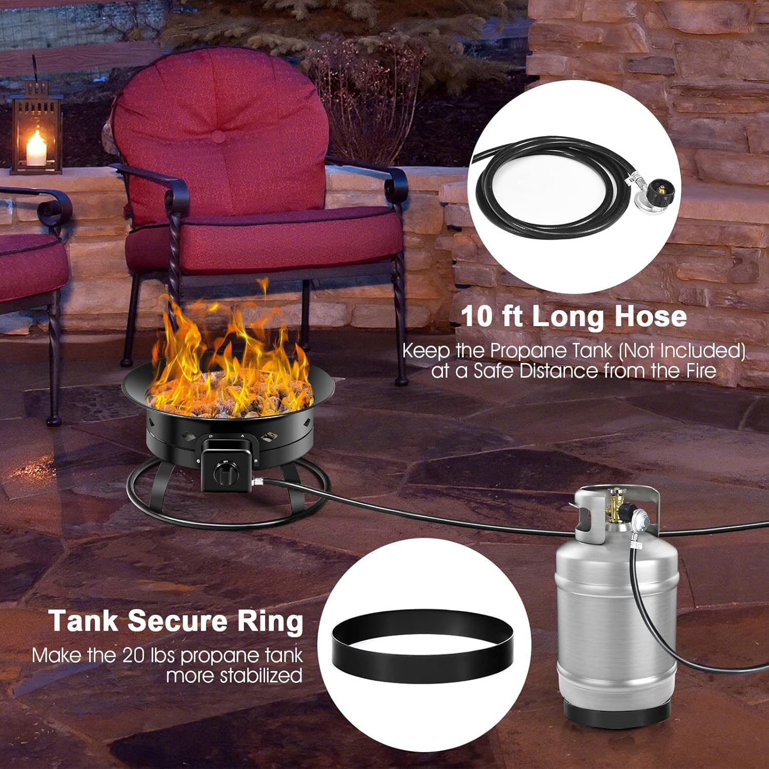 Tangkula Outdoor Portable Propane Gas Fire Pit, 58,000 BTU Gas Fire Pit with Cover, Carry Strap & Lava Rocks, 19 Inch Outdoor Firebowl with Propane Gas Hose & Tank Secure Ring for Camping, Backyard