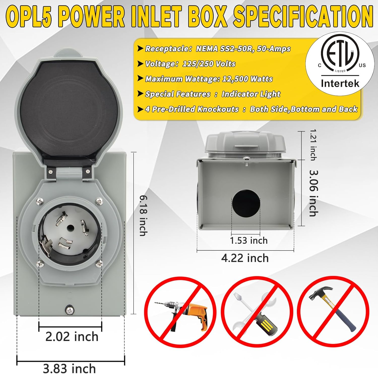 2 Years Warranty, OPL5 50 Amp Generator Cord 25FT and Power Inlet Box (Pre-Drilled),125/250 Volts, STW 6/3+8/1 AWG, NEMA 14-50P to SS2-50R Generator Cord Waterproof Combo Kit, ETL&CSA Listed (25FT)