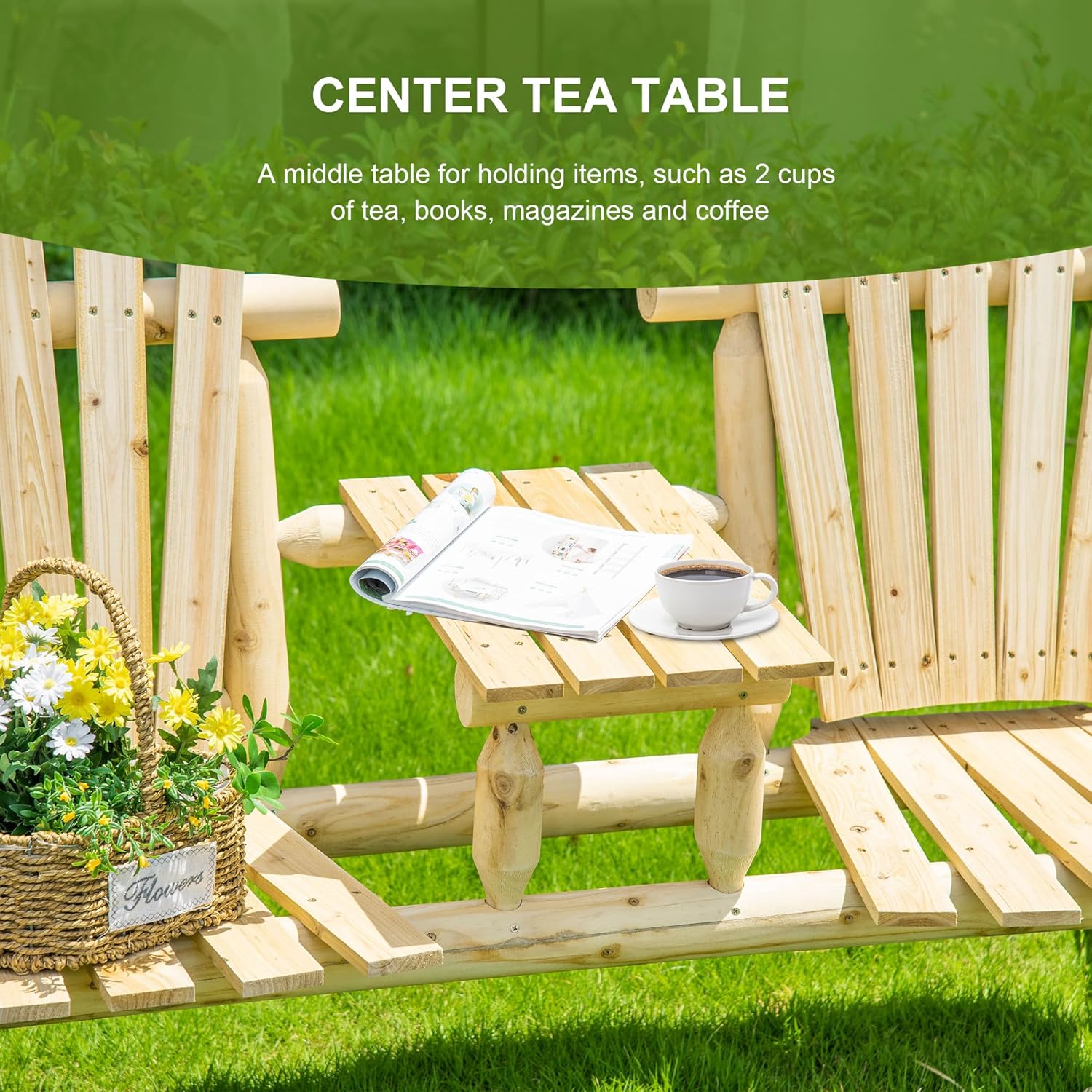 Comfortable 2-Seat Wooden Adirondack Chair with Cup Holder, Outdoor Fire Pits or Porches, Natural Finish