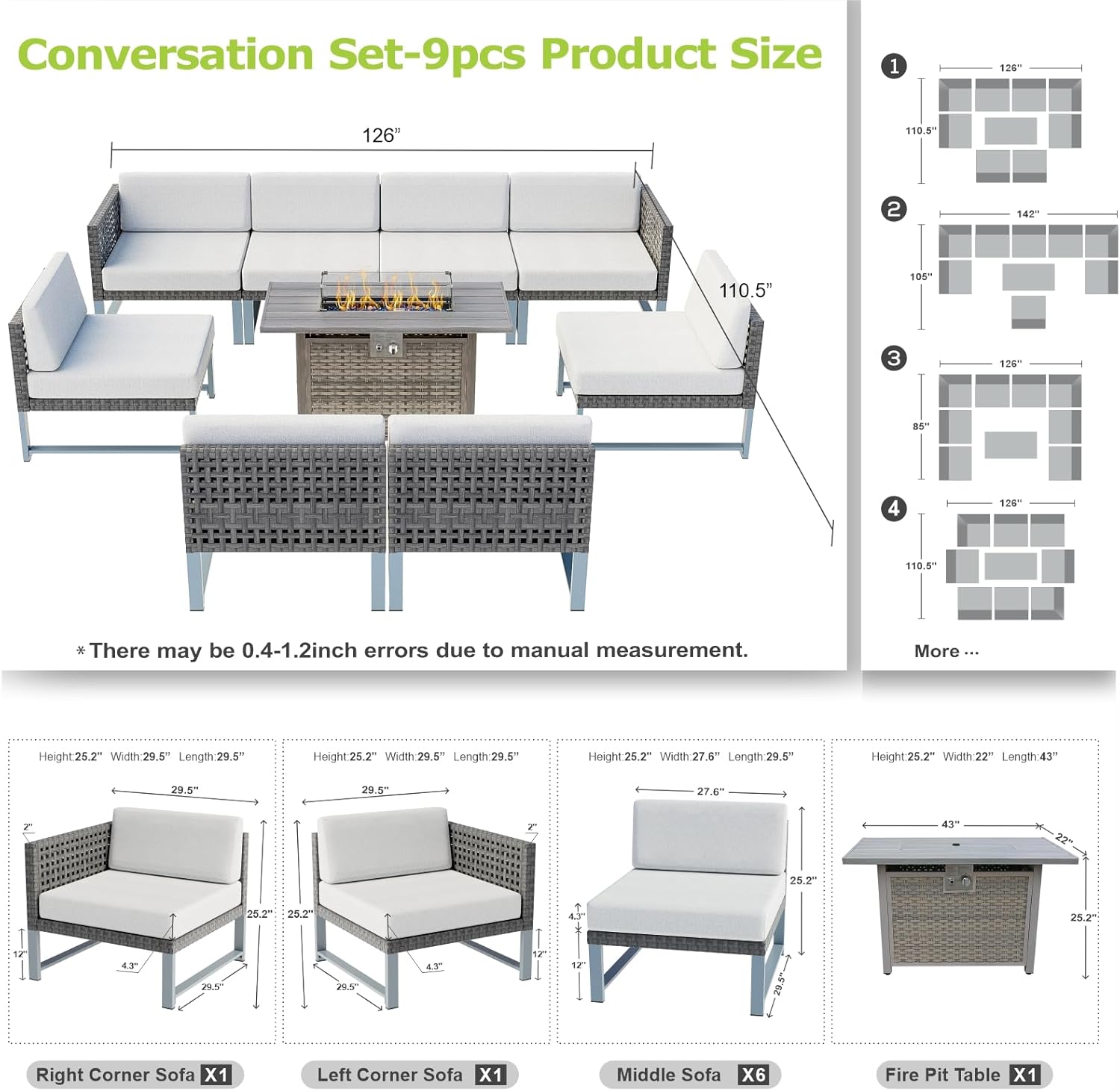 Patio Furniture Set 9Pcs Outdoor Furniture Sectional Couch Fire Pit Table Balcony Furniture Patio Table and Chairs Set with Propane Firepit (Black Wicker, 9pcs /Rectangular Fire Pit)