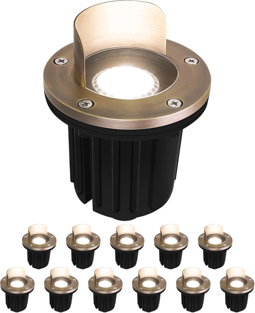 GKOLED LED Brass Well Lights, 12V IP67 Waterproof Outdoor In Ground Light with MR16 Bulb and Swival Base, Low Voltage Landscape Lighting, 5W 370LM 2700K, Up Light for Garden, Shielded Top, 12 Pack