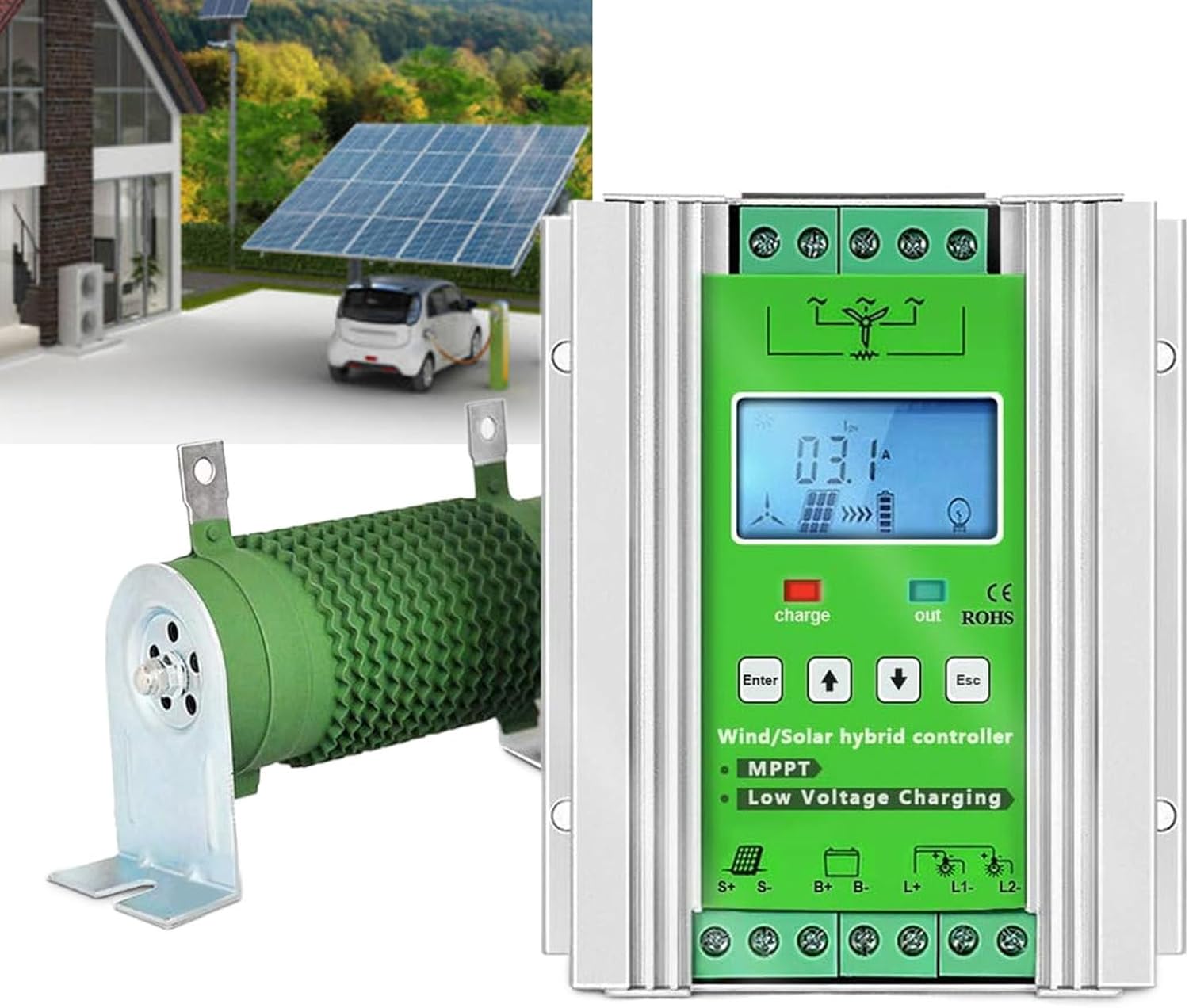2000W MPPT Wind Solar Hybrid Controller for 0-1000W Wind & Solar Panel Systems, Boost Control for Wind Turbine & 600W Solar Panel, 48V Home & Street Light Management