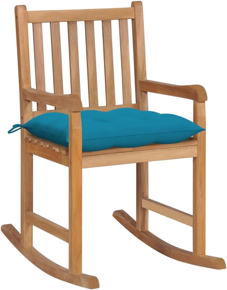 Rocking Chair with Light Blue Cushion Solid Teak Wood,Teak Rocking Chair for Patio, Porch, and Garden Cushioned and Weather Resistant Outdoor Furniture, Outdoor Chairs