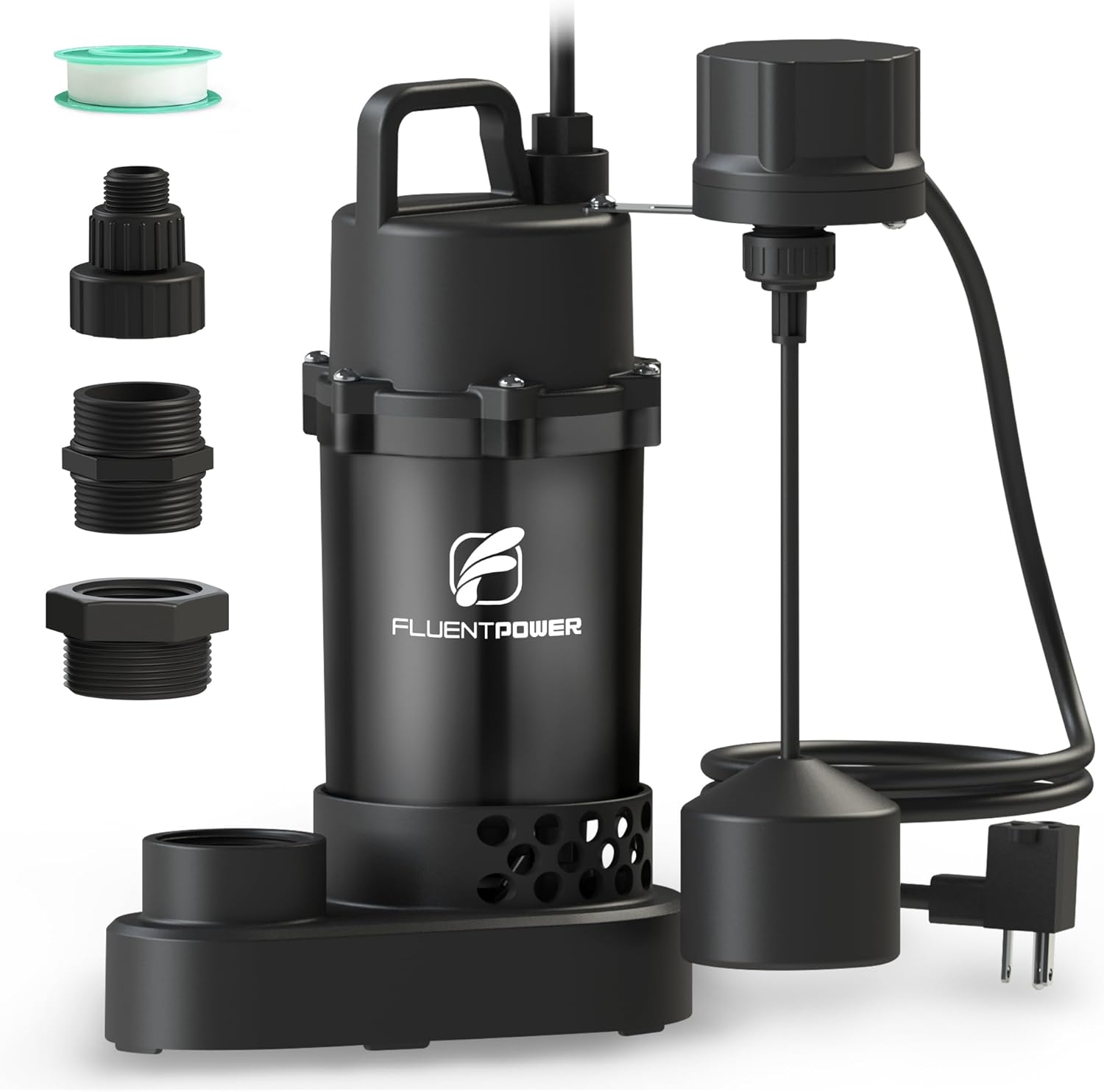 FLUENTPOWER Submersible Sump Pump 3/4HP 3500GPH, with Piggy-back Vertical Float Switch and 10' Cord, Portable Electric Cast Aluminum Sump/Sewage Pump for Basement Pool Garden Pond Basin, Black