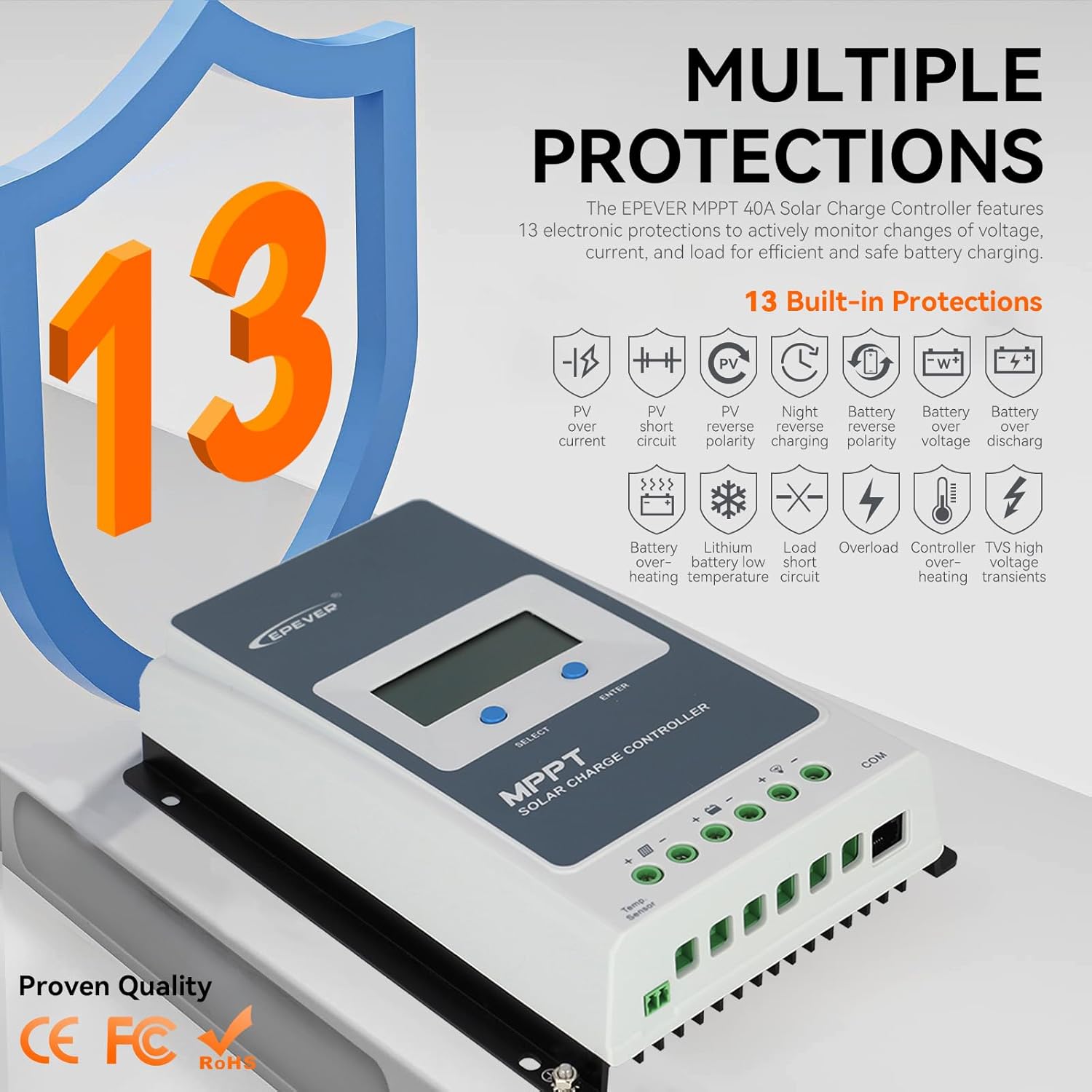 EPEVER 40A MPPT Solar Charge Controller 12V/24V Auto, Negative Grounded 40A Solar Regulator Support Batterless Run and fit for Lead-Acid and Lithium Battery