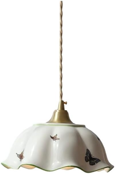 French Flower Shape Glass Pendant Light Fixture White Pleated Ceramic Nordic Brass Chandelier Butterfly Vintage Modern Ceiling Hanging Lamp for Dining Room Kitchen Island Farmhouse