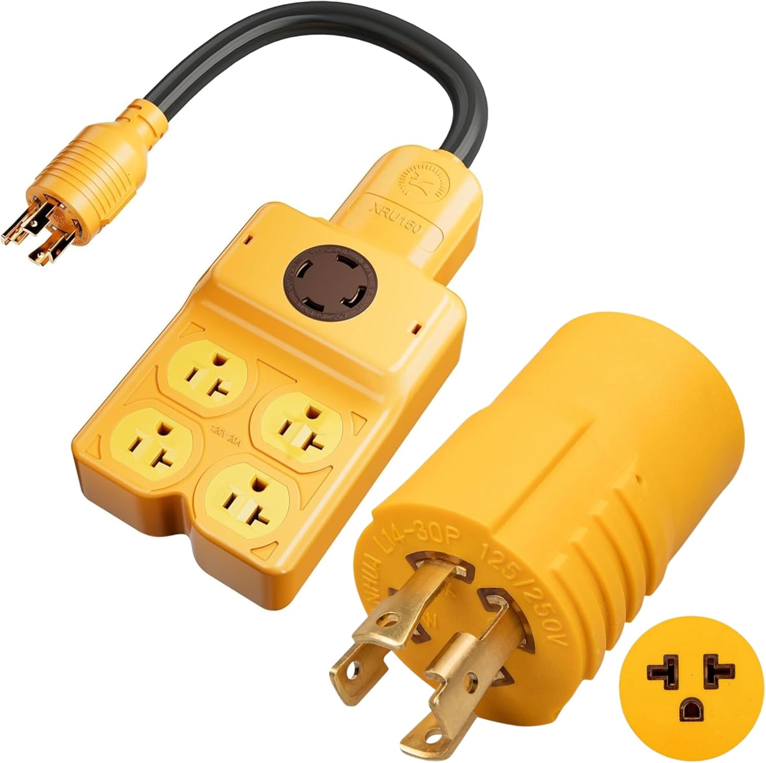 MECMO 30 Amp to 20 Amp 240V 4 Prong Twist Lock Generator Distribution Adapter NEMA L14-30P to 5-15/20R or 6-15/20R, NEMA L14-30P to Four 5-20R/ 5-15R & L14-30R Generator Adapter Extension Cord