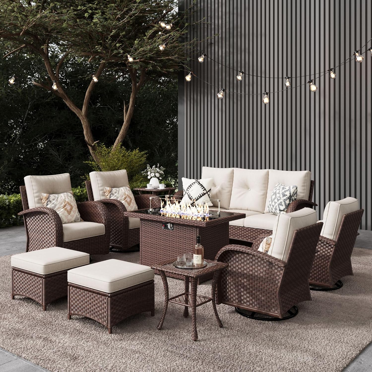 LayinSun 10 Pieces Outdoor Patio Furniture Set with Fire Pit Table, Rattan Wicker Sectional Swivel Rocker Chairs Sets